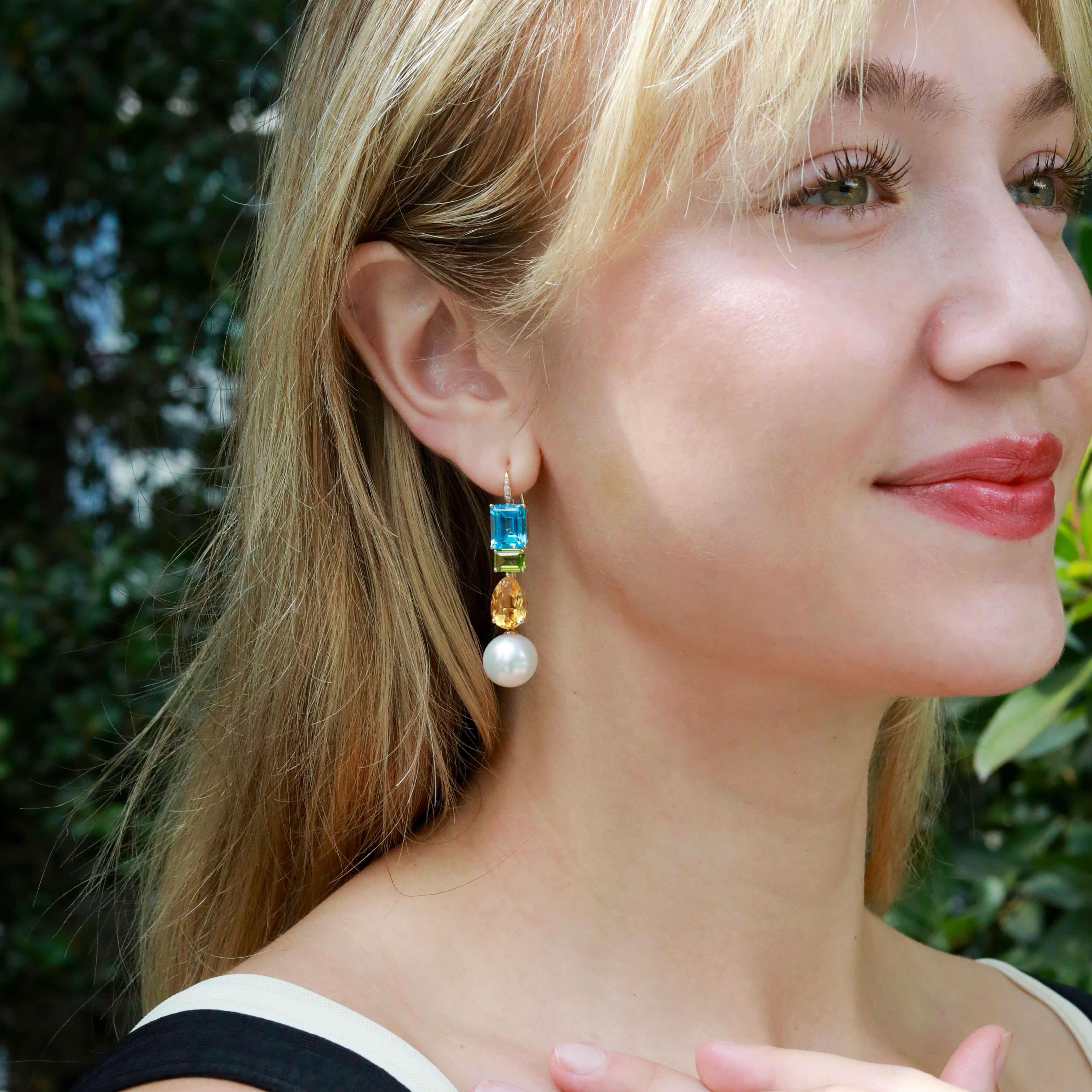 GemFusion 13.65ctw Topaz Peridot Citrine Diamond Pearl Convertible Drop Earrings In condizioni Nuovo in vendita a Rowland Heights, CA