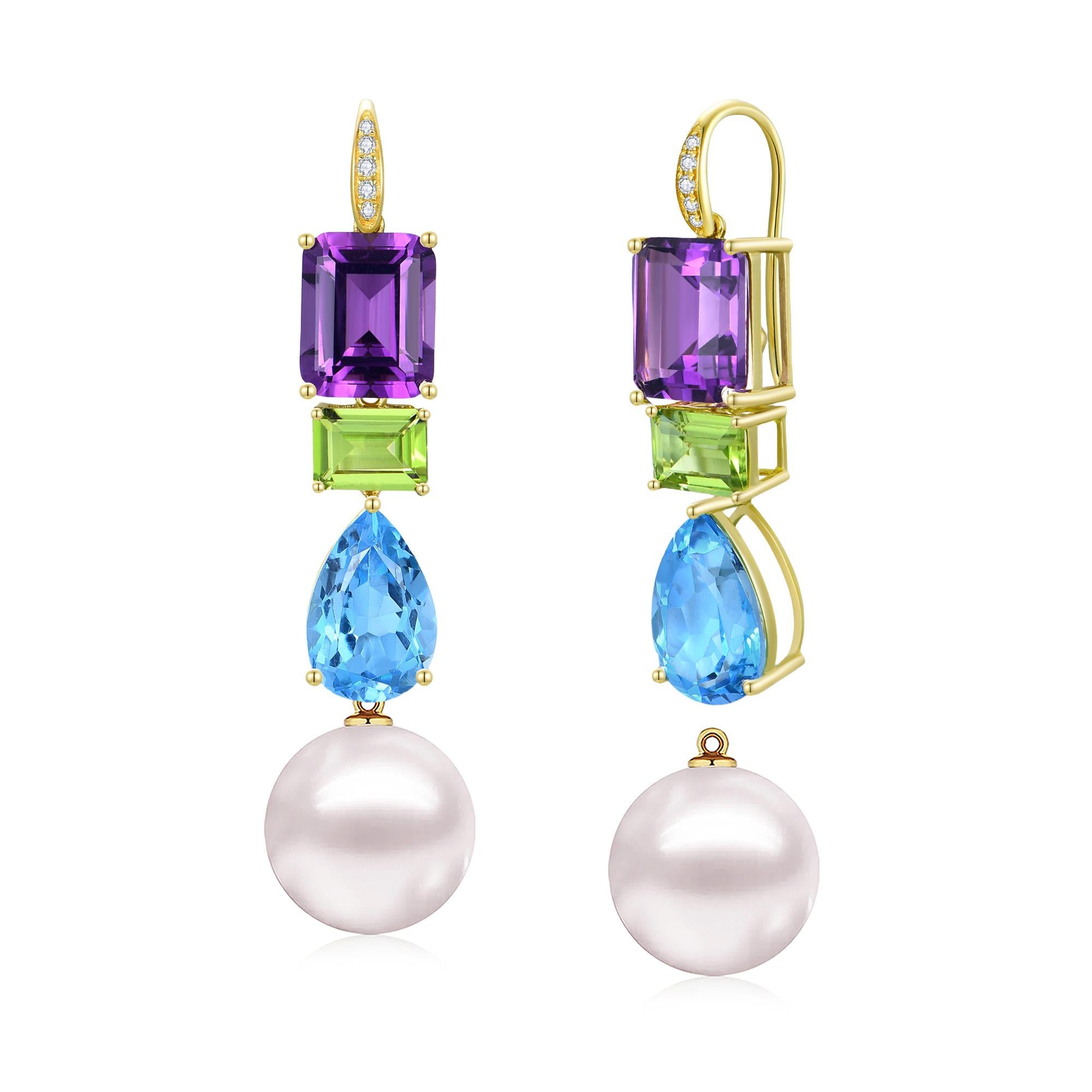 Playful geometry, bold palette — these Kai GemFusion earrings feature emerald-cut amethyst and peridot paired with pear-shaped blue topaz for a crisp, architectural drop. Set in 14K yellow gold and finished with pavé diamond-accented hooks, each