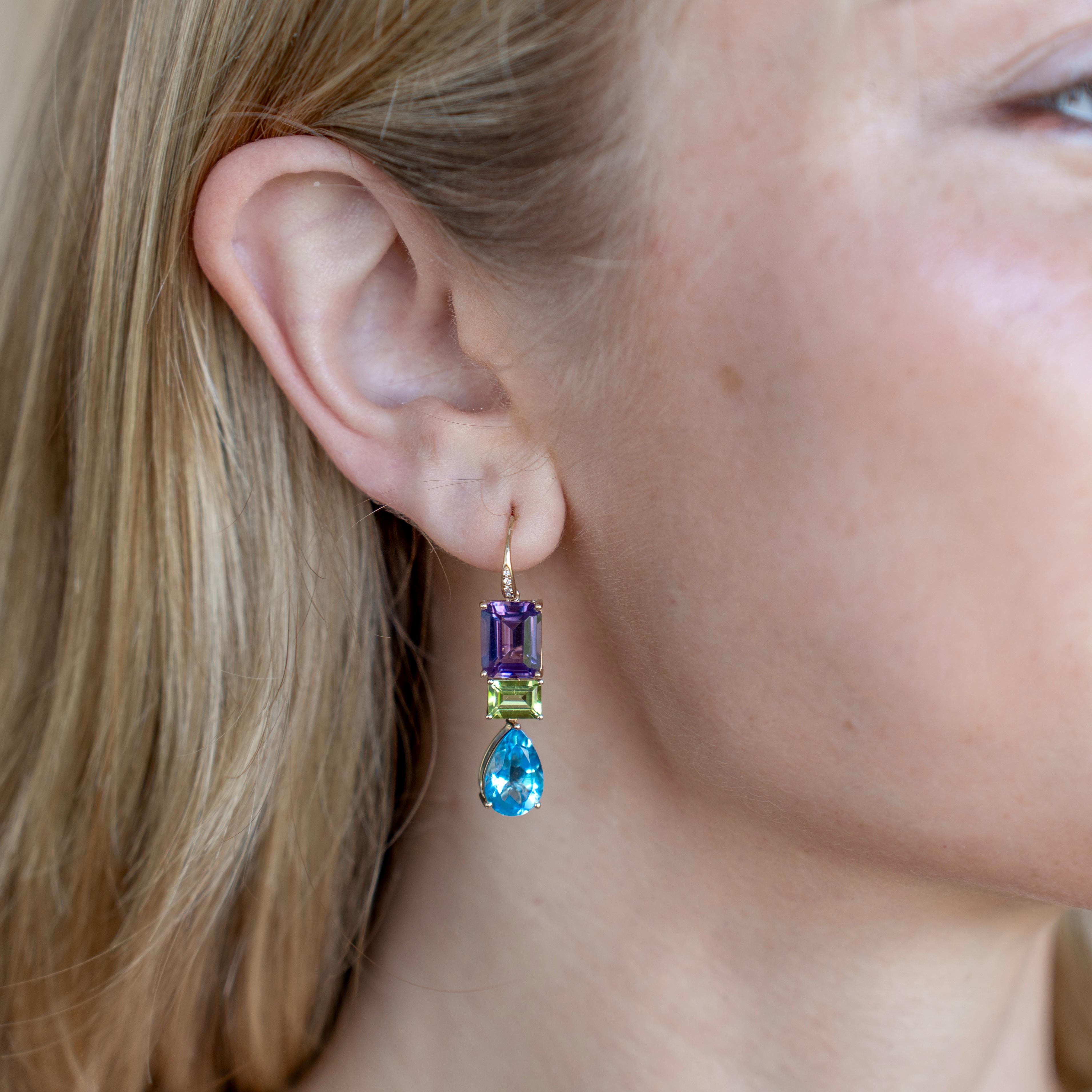 Modern GemFusion 14.45ctw Amethyst Peridot Topaz Diamond Convertible Drop Earrings For Sale