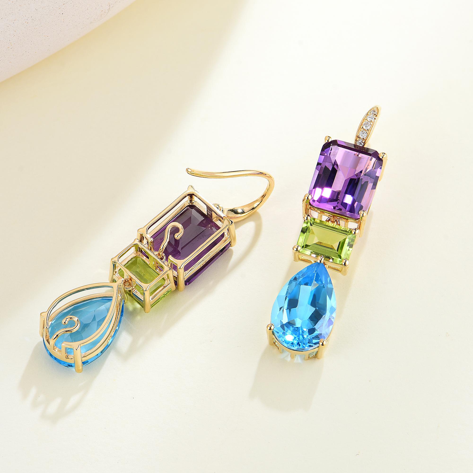 Brilliant Cut GemFusion 14.45ctw Amethyst Peridot Topaz Diamond Convertible Drop Earrings For Sale