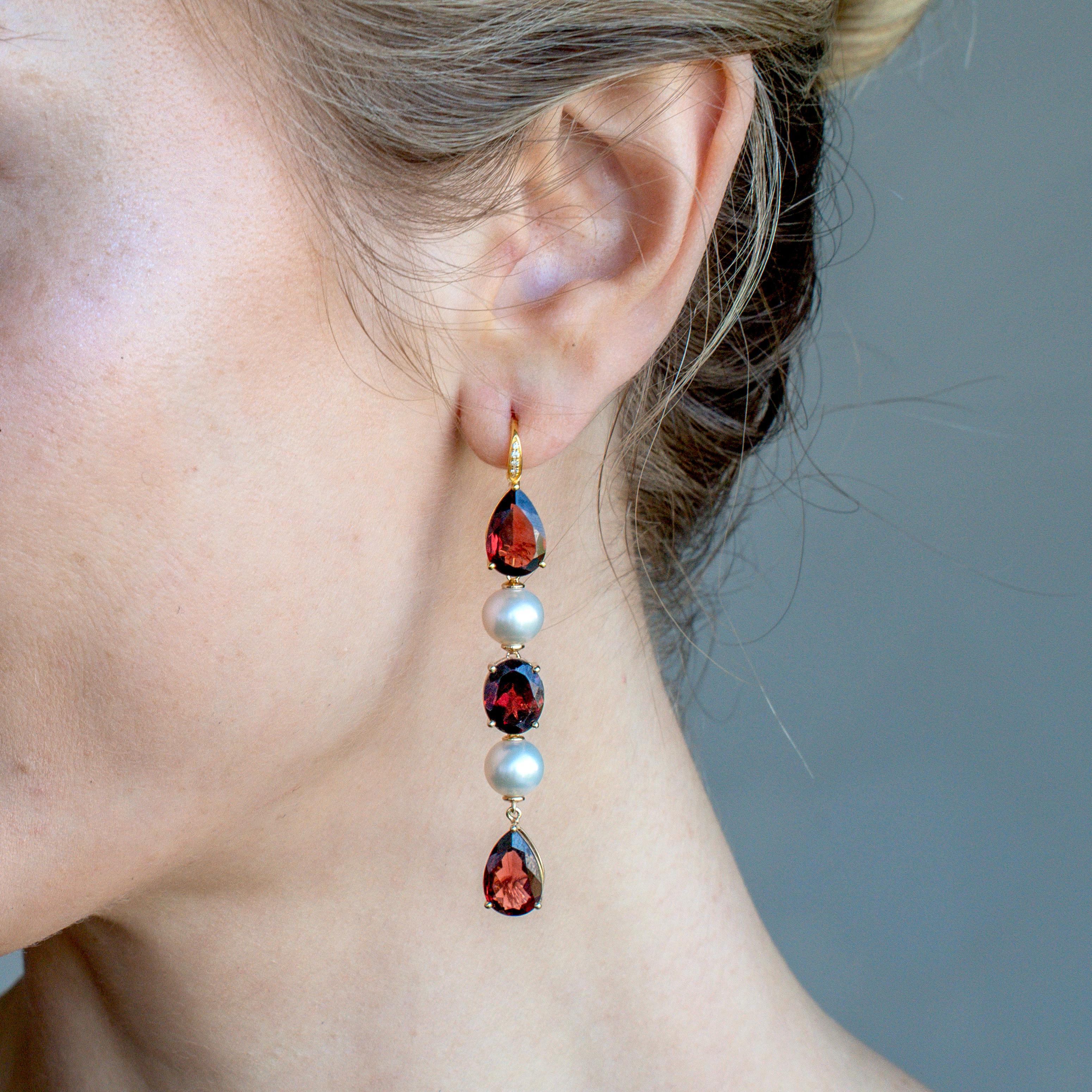 GemFusion 22.05ctw Grenat Diamant Perle Pendants d'oreilles convertibles Pour femmes en vente