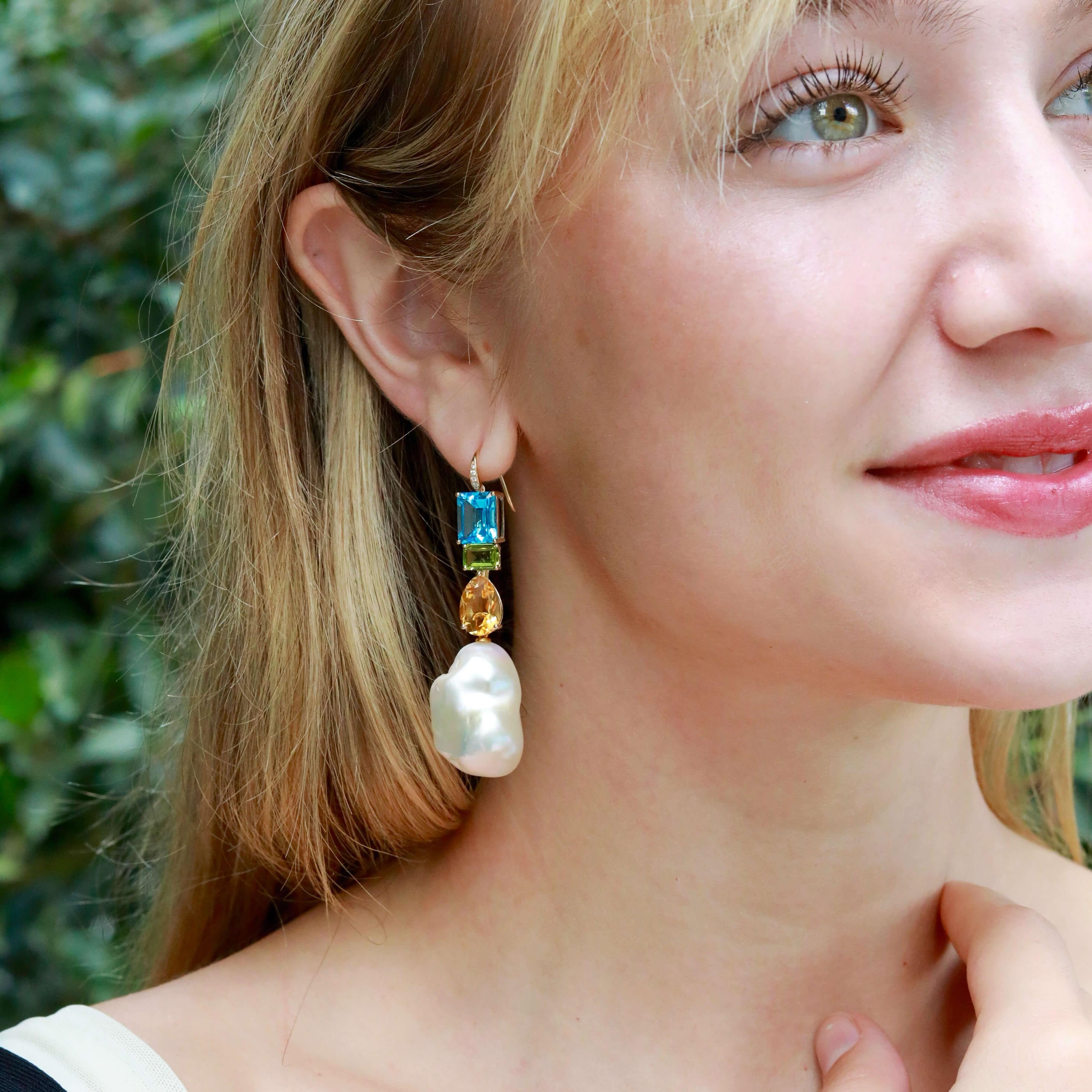 Moderno GemFusion Topaz Peridot Citrine Diamond Baroque Pearl Convertible Drop Earrings in vendita