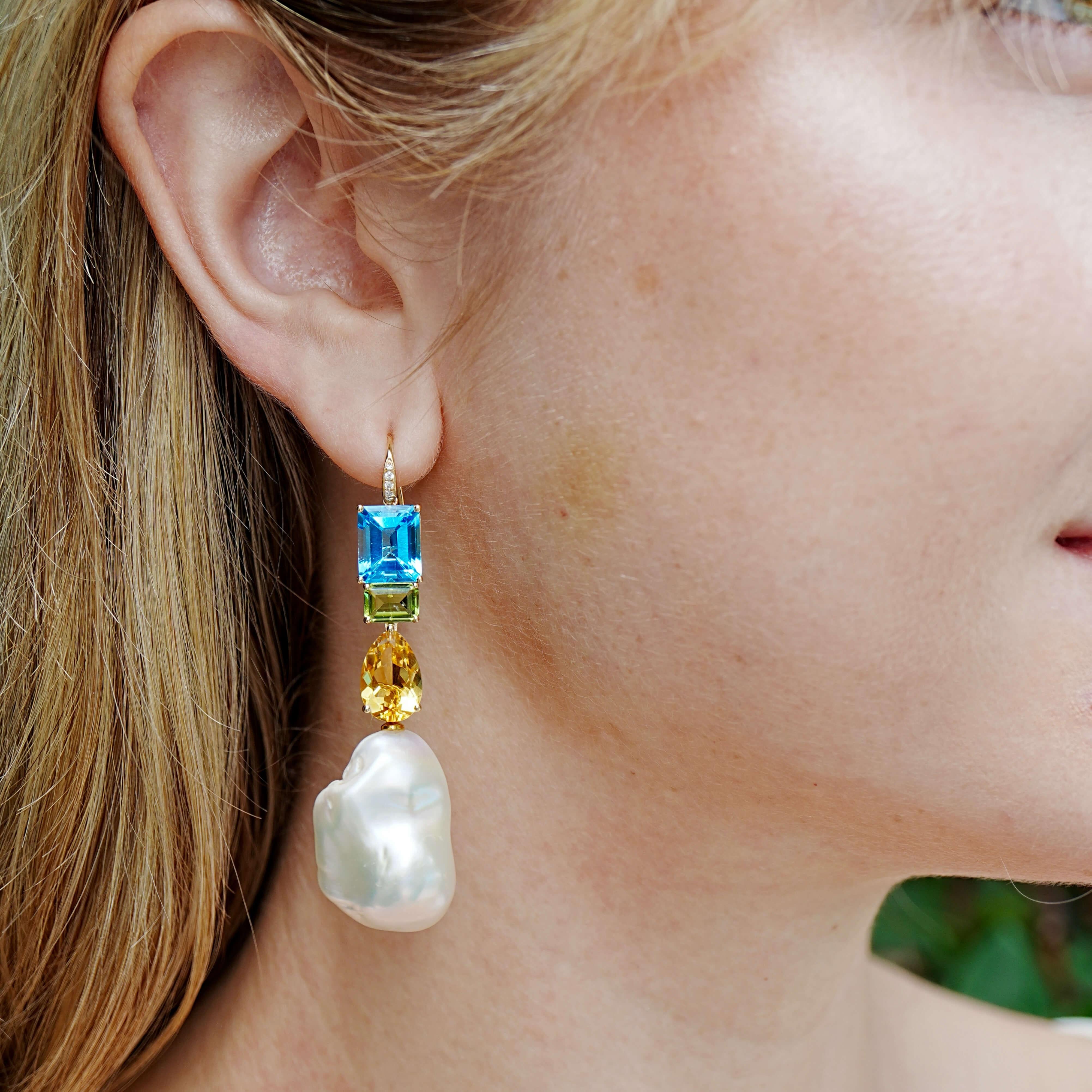 Taglio brillante GemFusion Topaz Peridot Citrine Diamond Baroque Pearl Convertible Drop Earrings in vendita