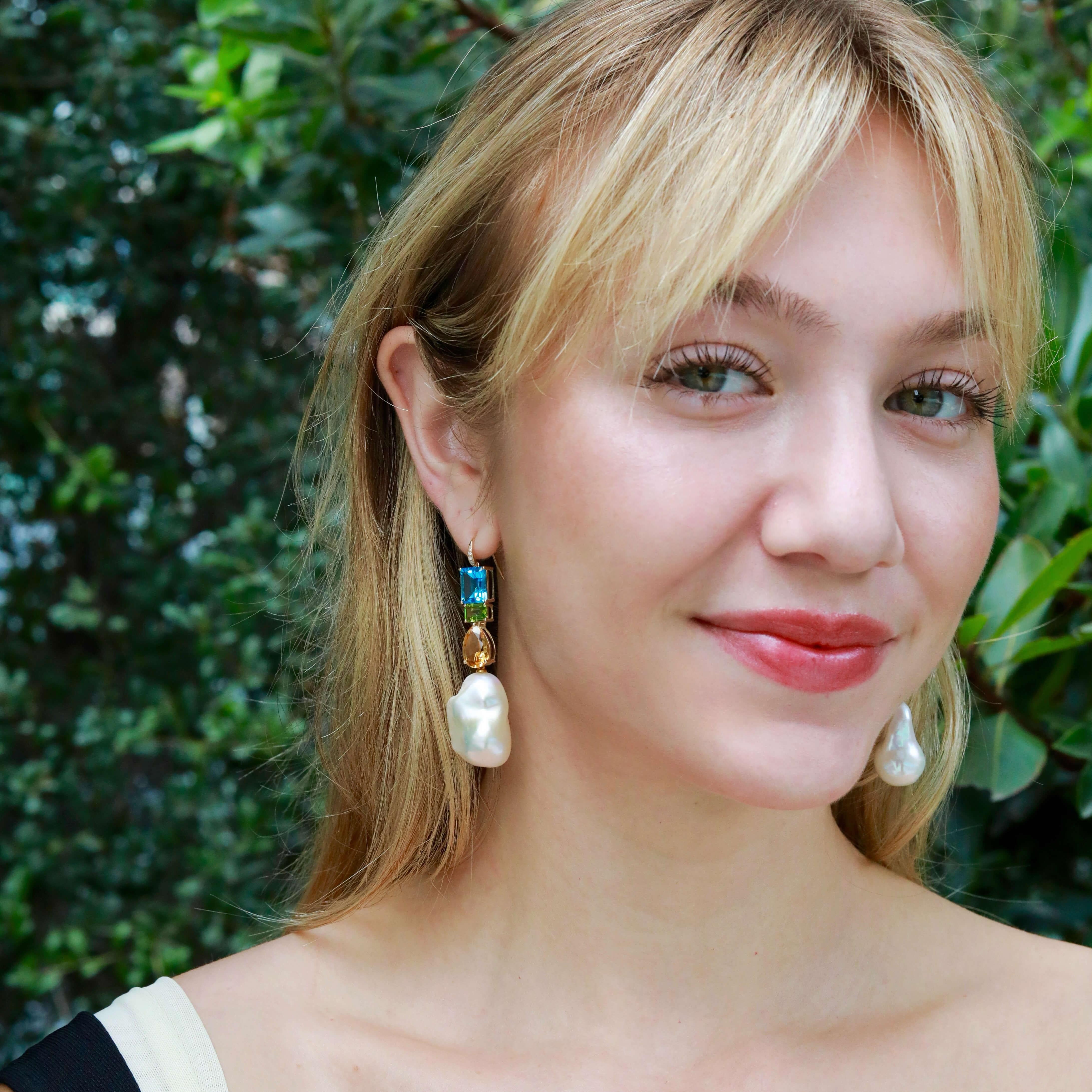 GemFusion Topaz Peridot Citrine Diamond Baroque Pearl Convertible Drop Earrings In condizioni Nuovo in vendita a Rowland Heights, CA