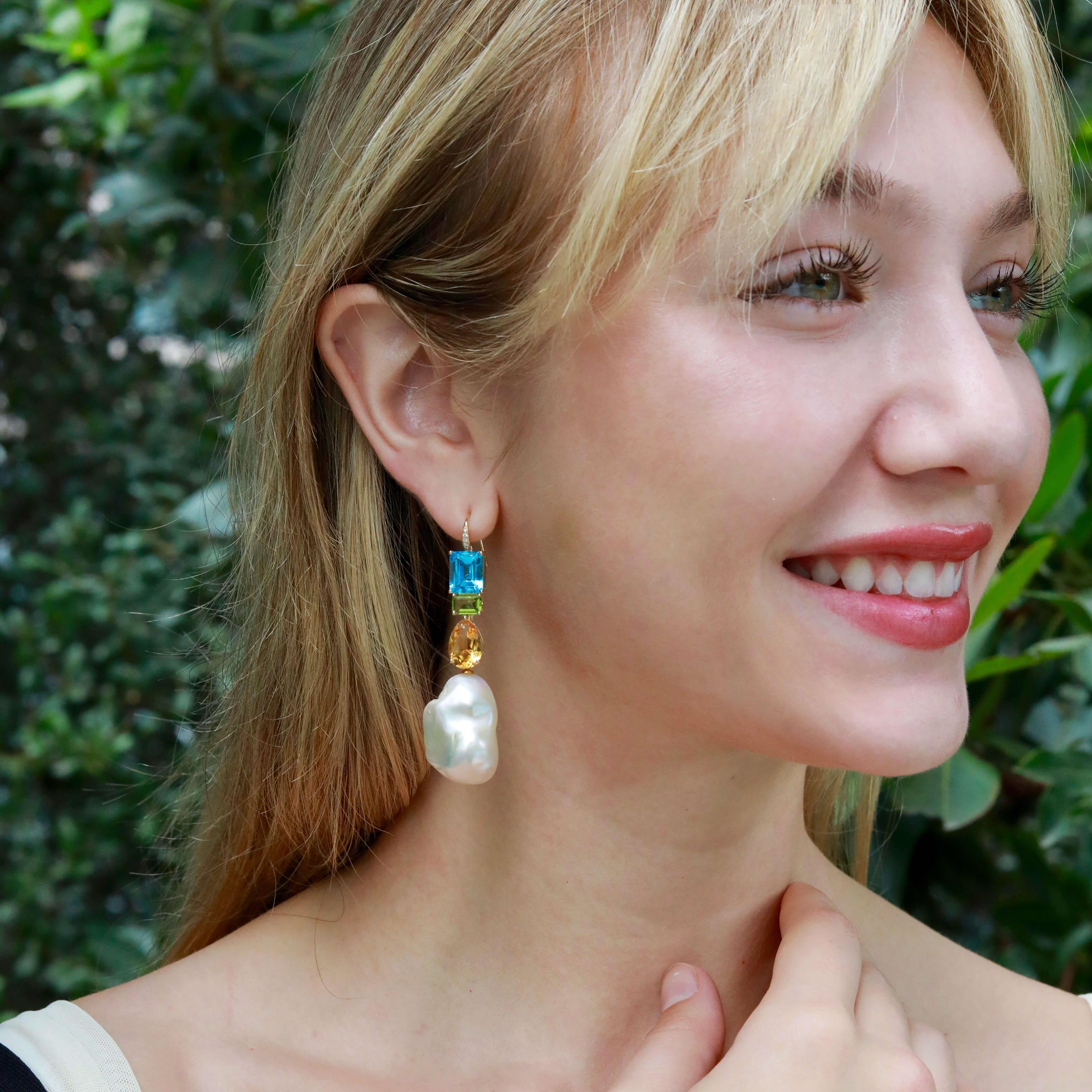 GemFusion Topaz Peridot Citrine Diamond Baroque Pearl Convertible Drop Earrings in vendita 1