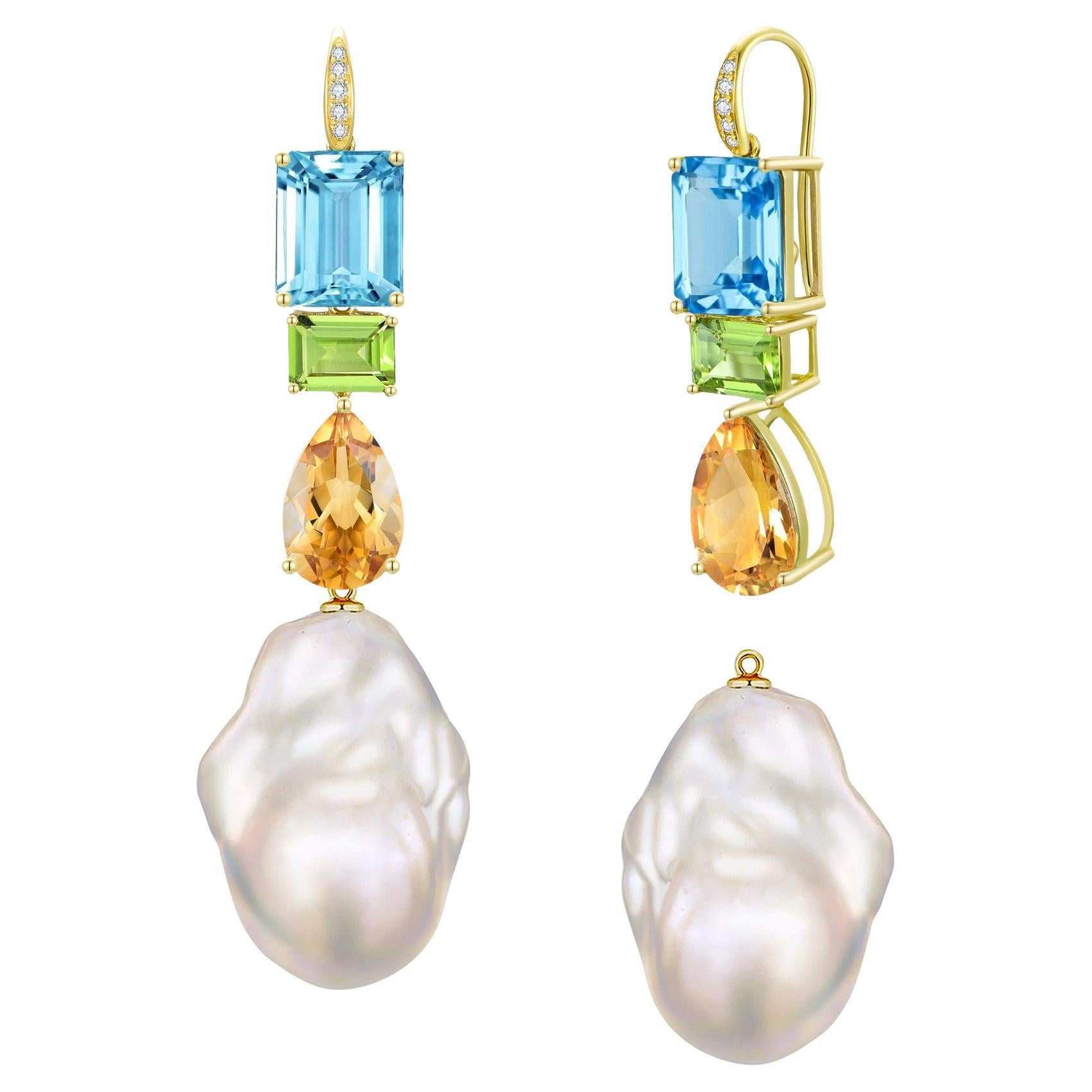 GemFusion Topaz Peridot Citrine Diamond Baroque Pearl Convertible Drop Earrings
