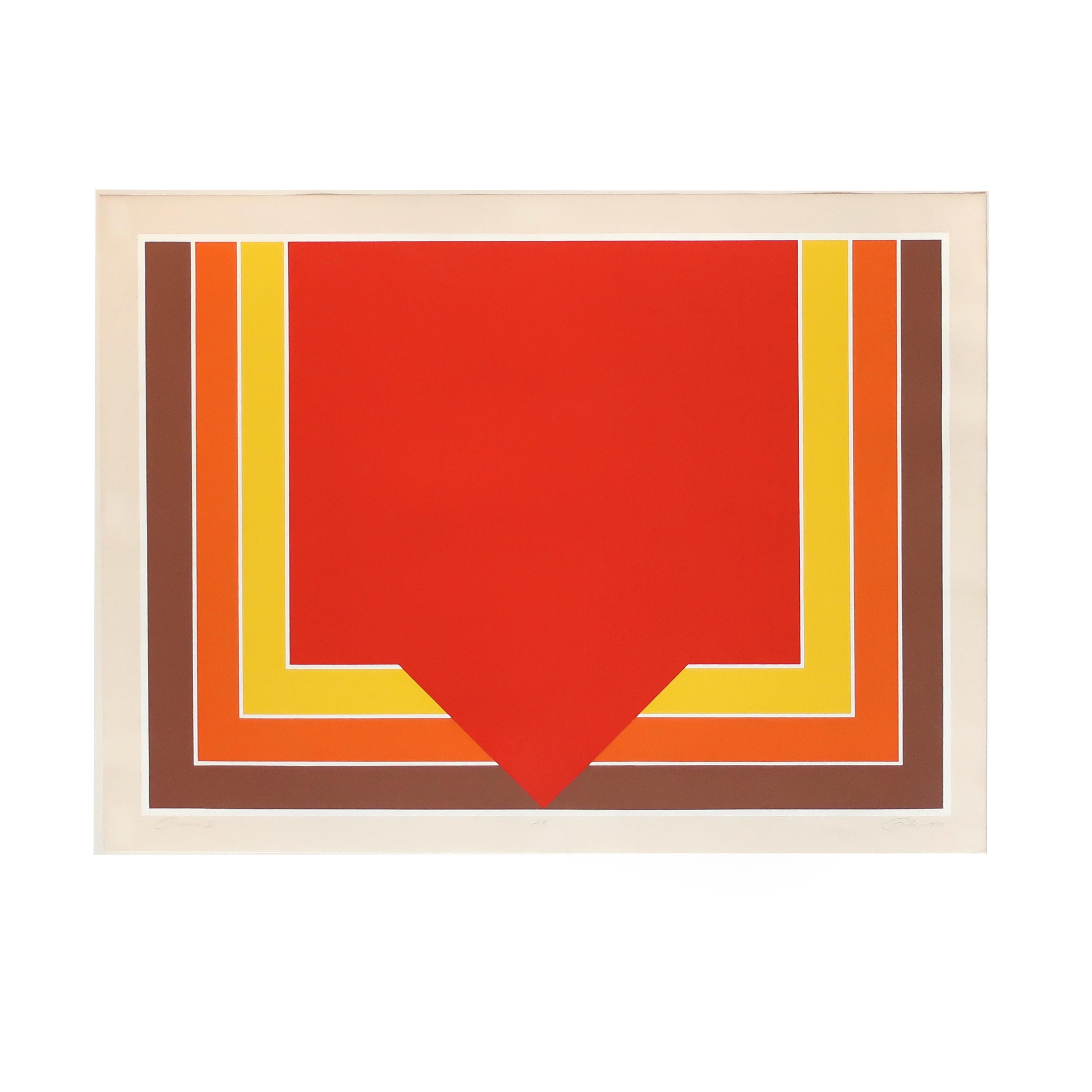 A fantastic 1970 geometric hard edge serigraph by Gibson (first name unknown) in red, orange, yellow, brown and white. In the style of Richard Anuszkiewicz, Roy Ahlgren, Sol LeWitt, Vasarely, Jurgen Peters, Michael Challenger, Marko Spalatin, Yaacov