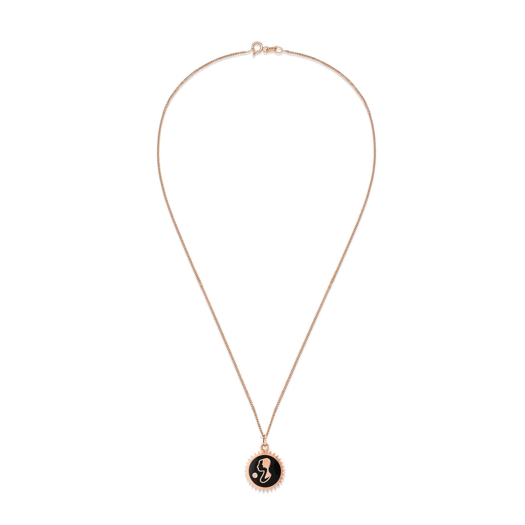 Gemini necklace with black enamel and 0.01ct white diamond by Selda Jewellery

Additional Information:-
Collection: Zodiac collection
14K Rose gold
0.01ct White diamond
Pendant height 1cm
Chain length 40cm
