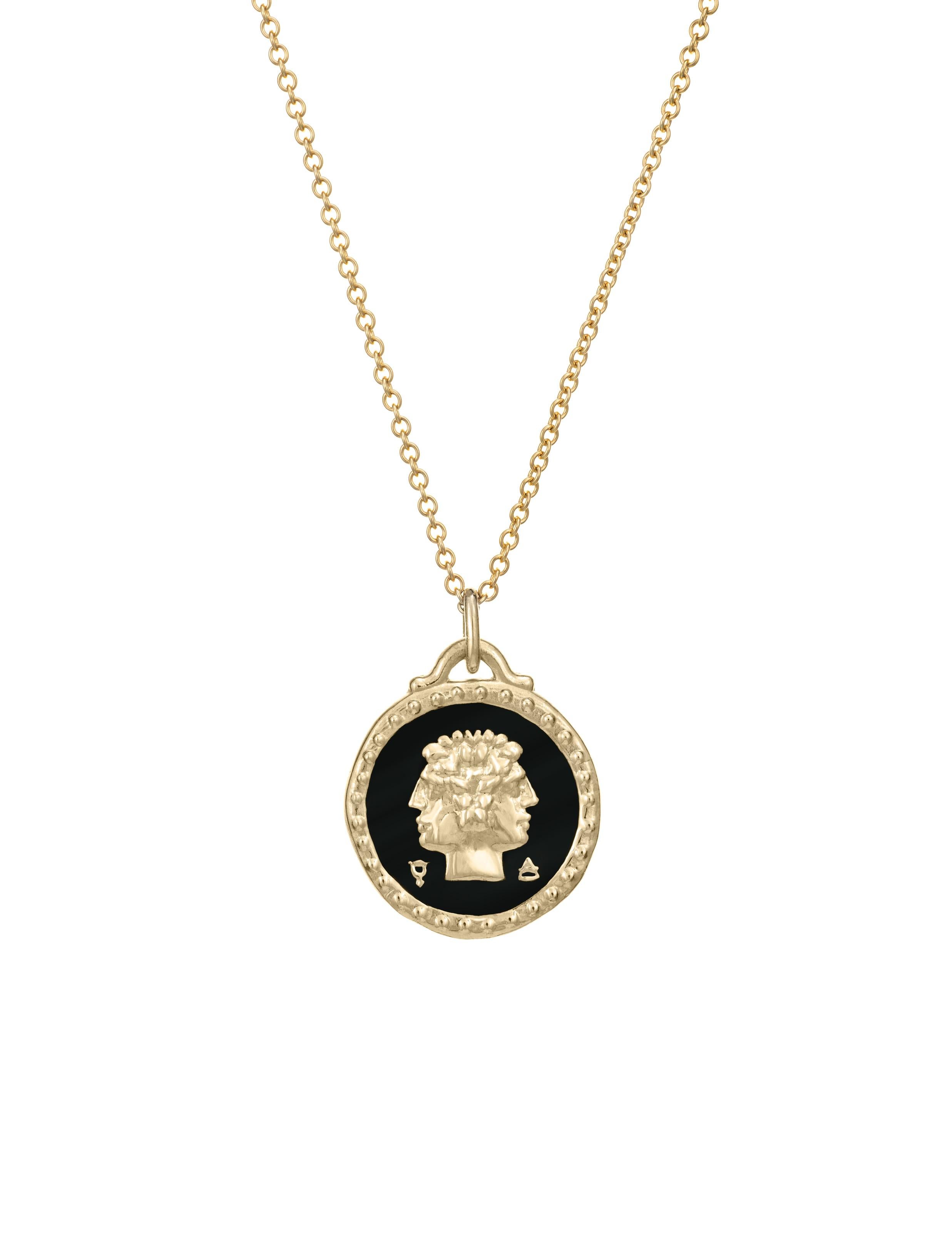 Part of our new Zodiac collection. The Gemini Pendant features the twins on one side and the Gemini symbol on the other. Designs are meticulously hand-carved into 14k gold and finished with enamel. This pendant is customizable and available in four