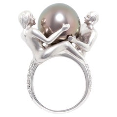 Gemini Zodiac Cocktail Ring Tahitian Pearl  Diamonds Design by Ella Gafter