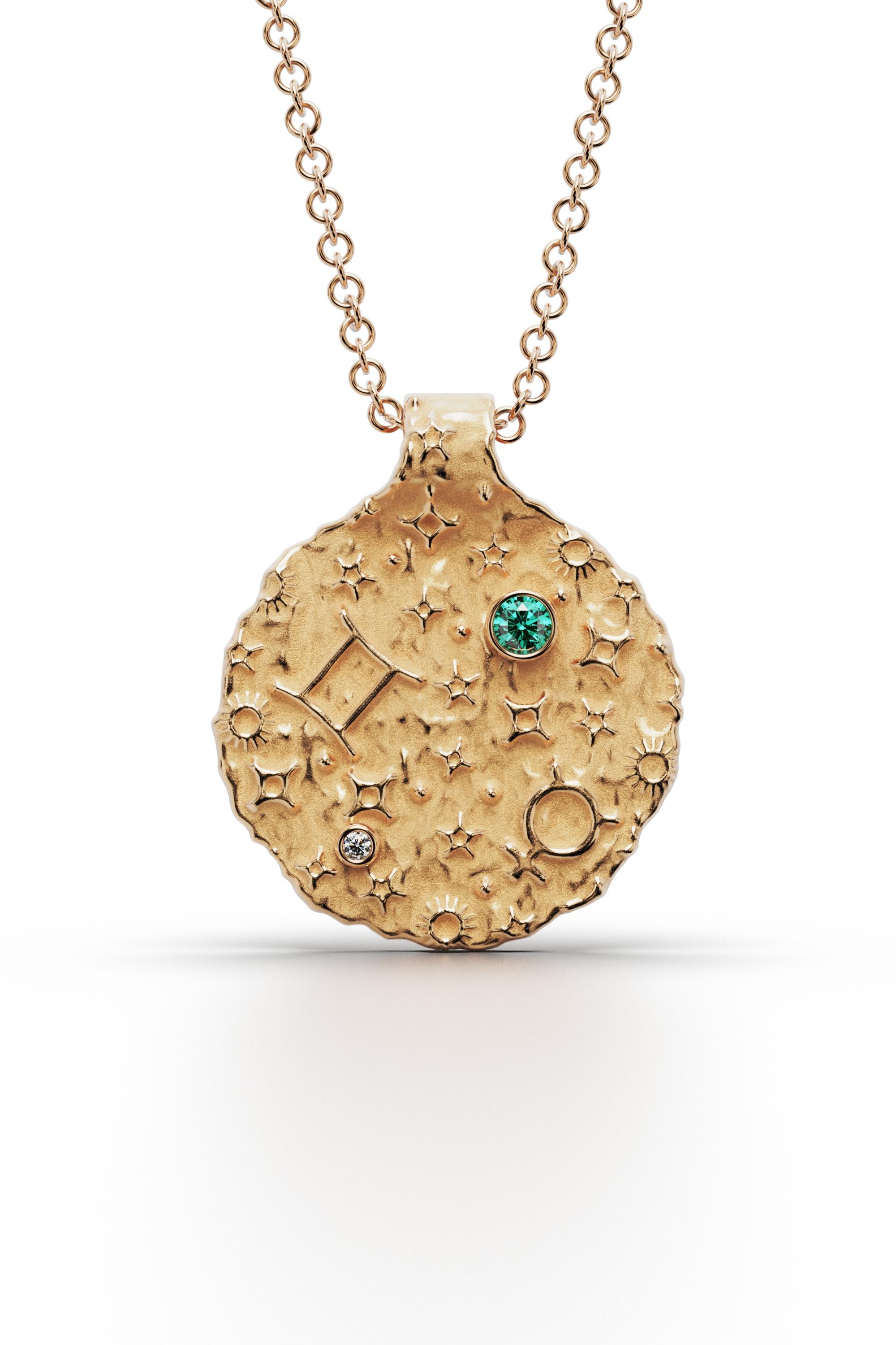 Contemporary Gemini Zodiac Pendant –14K Solid Gold – Astrology Necklace By Oltremare Gioielli For Sale