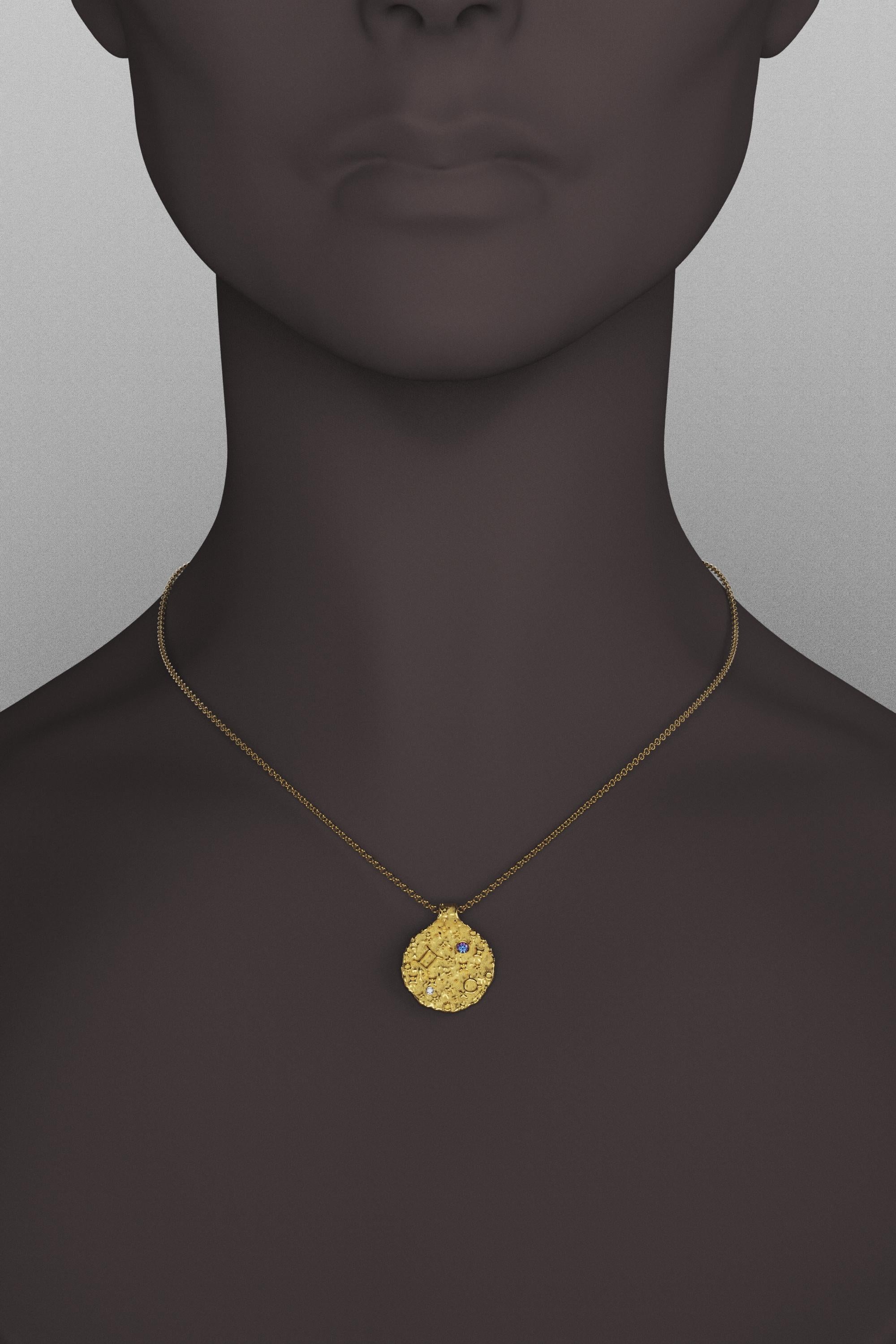 Brilliant Cut Gemini Zodiac Pendant –14K Solid Gold – Astrology Necklace By Oltremare Gioielli For Sale