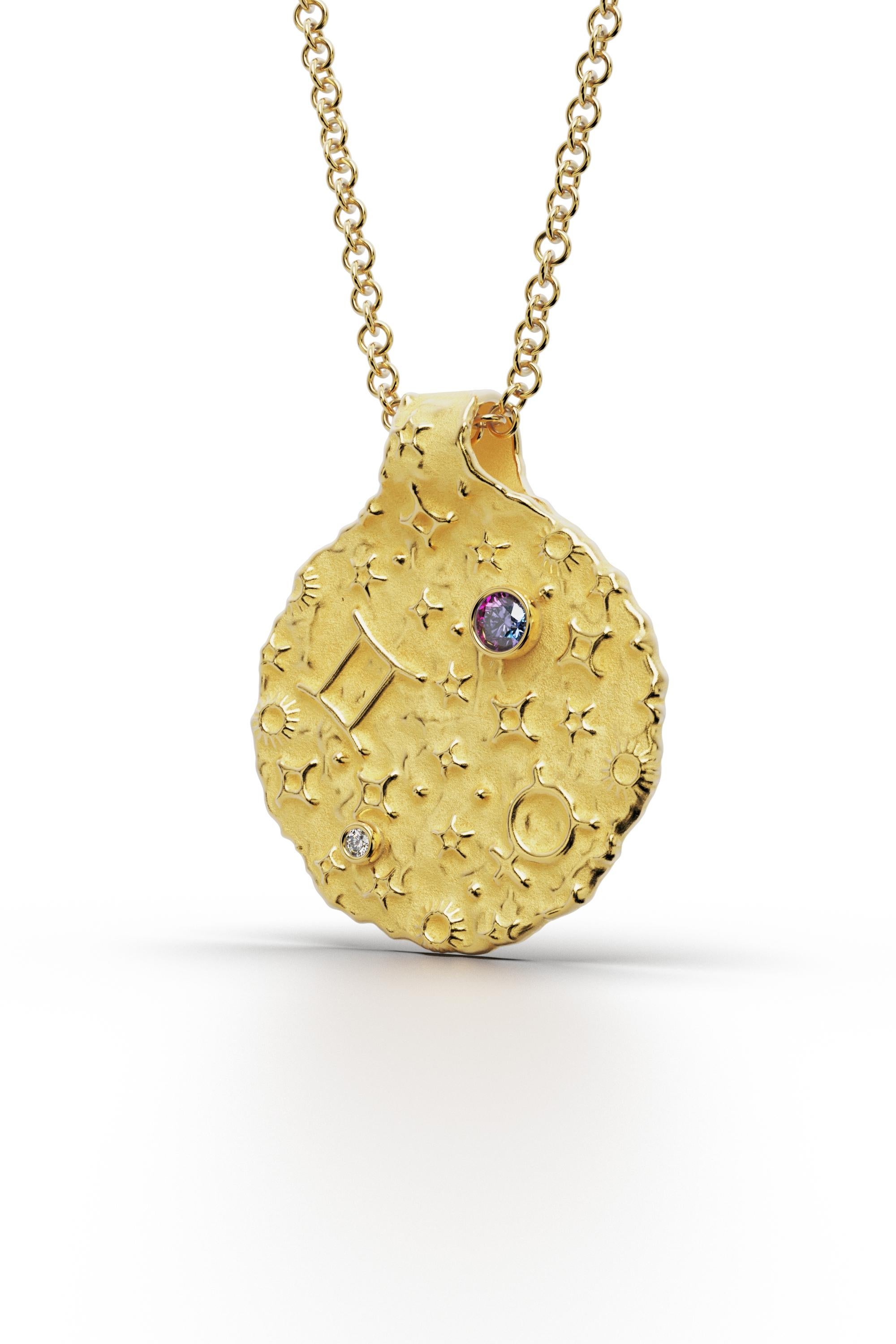 Women's Gemini Zodiac Pendant –18K Solid Gold – Astrology Necklace By Oltremare Gioielli For Sale