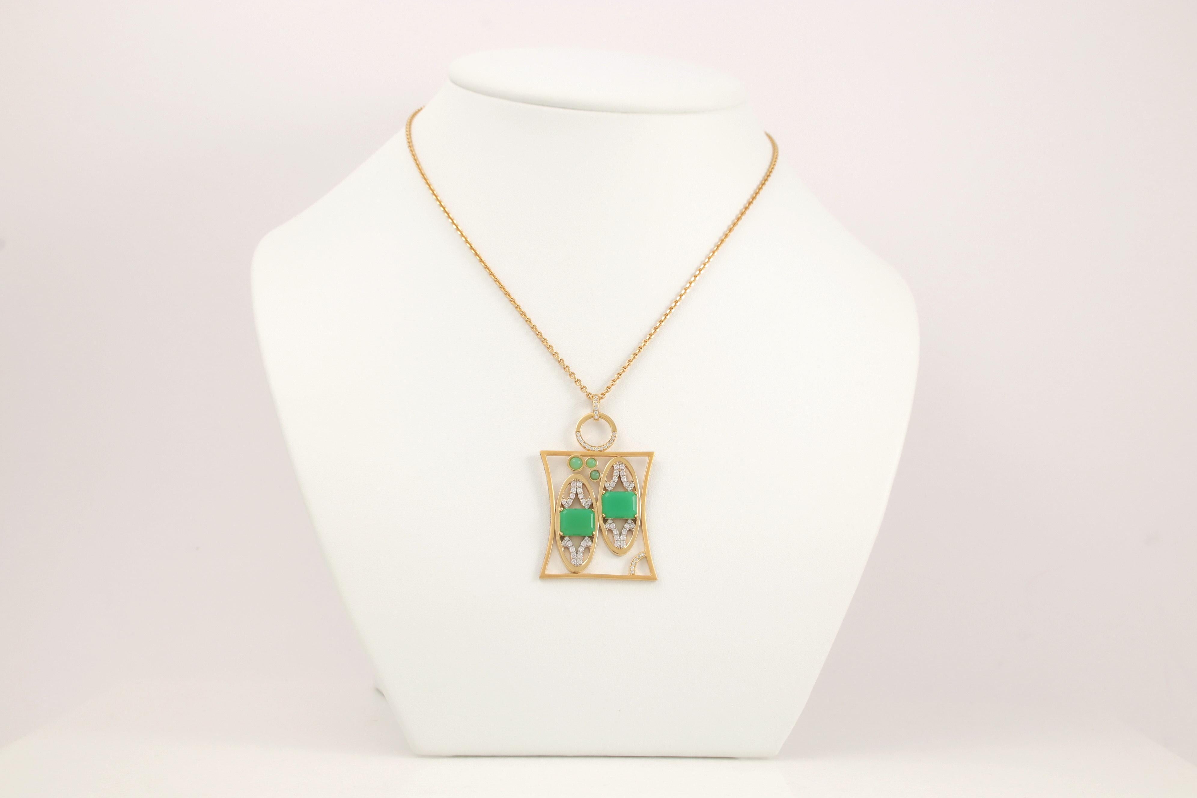 Contemporary Gemini Zodiac Pendant Necklace, 18 K Yellow Gold, 135 Diamonds, 5 Chrysoprase For Sale