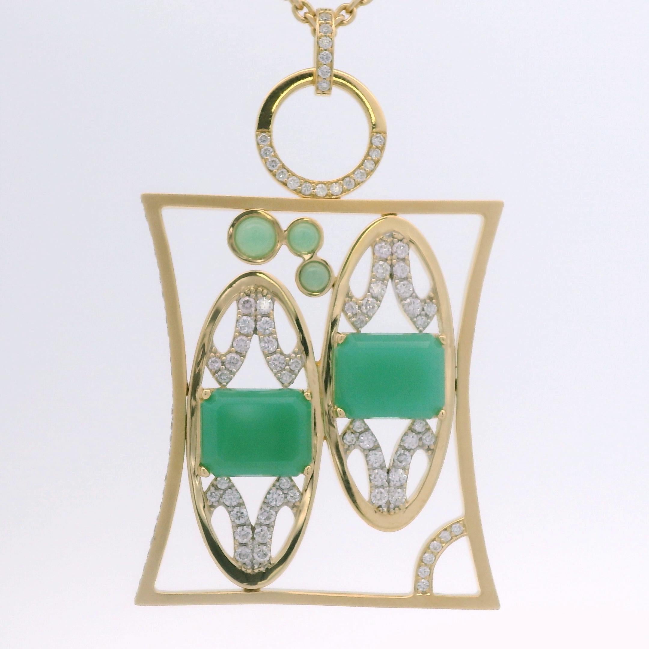 Brilliant Cut Gemini Zodiac Pendant Necklace, 18 K Yellow Gold, 135 Diamonds, 5 Chrysoprase For Sale