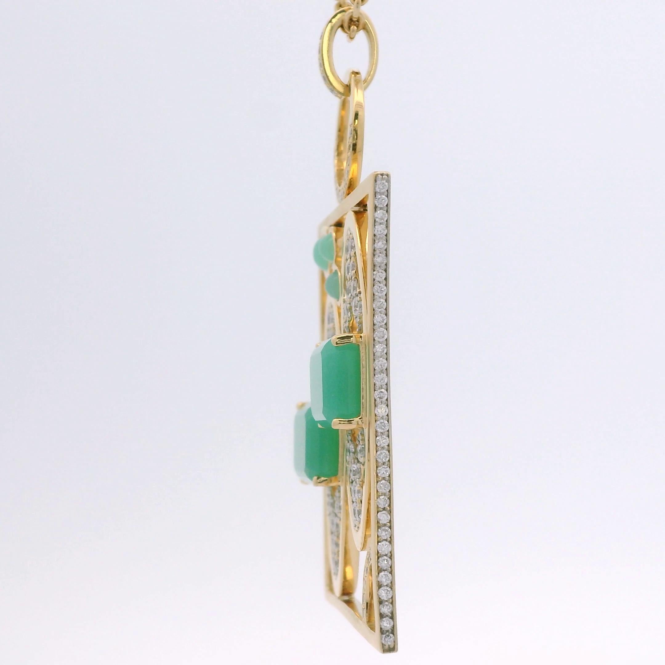 Gemini Zodiac Pendant Necklace, 18 K Yellow Gold, 135 Diamonds, 5 Chrysoprase In New Condition For Sale In Pforzheim, DE