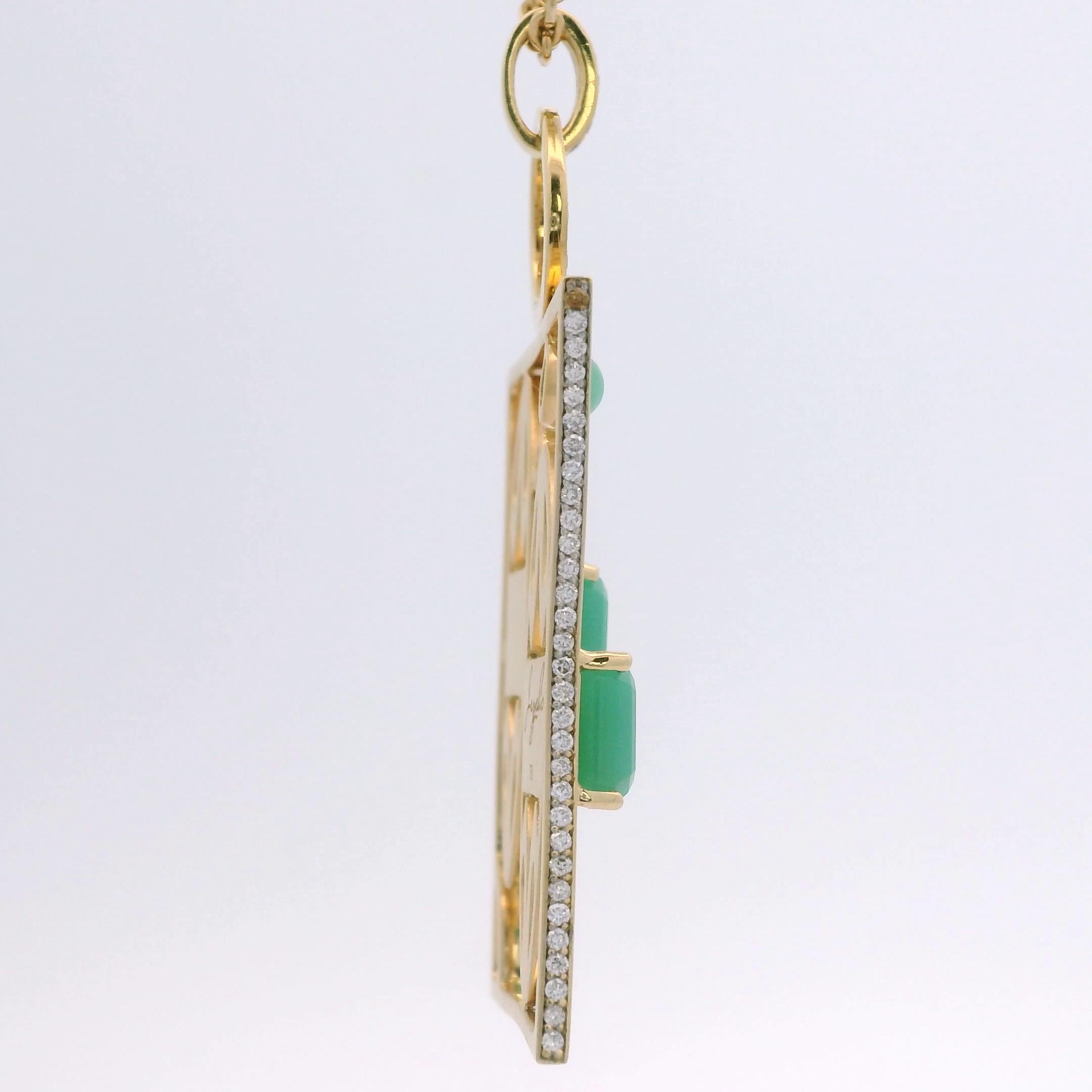 Women's or Men's Gemini Zodiac Pendant Necklace, 18 K Yellow Gold, 135 Diamonds, 5 Chrysoprase For Sale