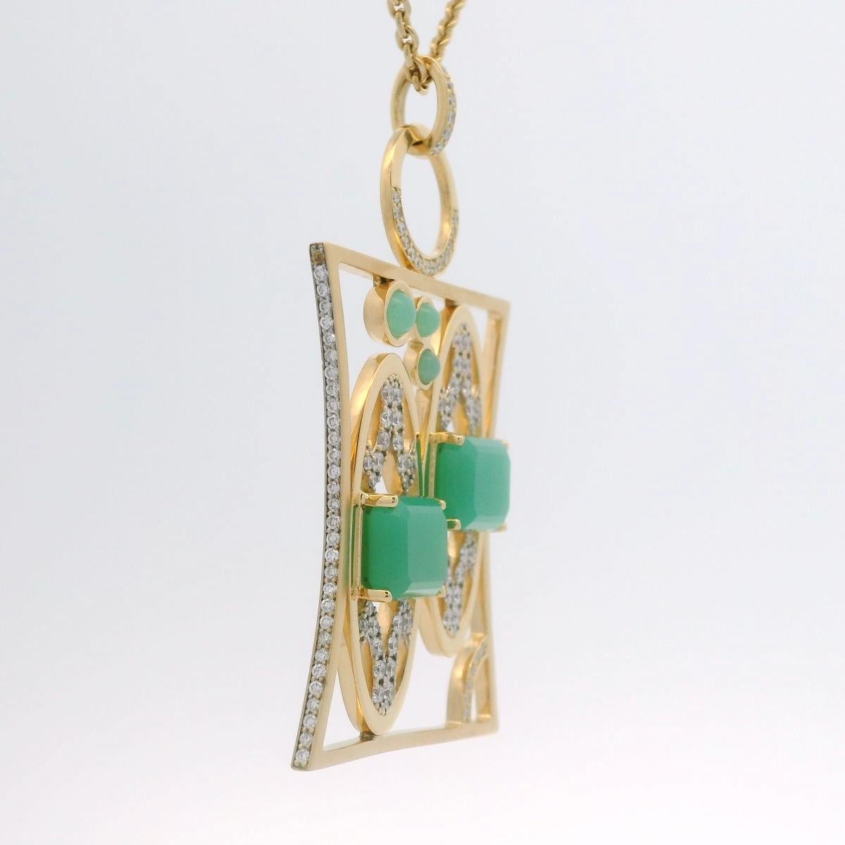 Gemini Zodiac Pendant Necklace, 18 K Yellow Gold, 135 Diamonds, 5 Chrysoprase For Sale 1