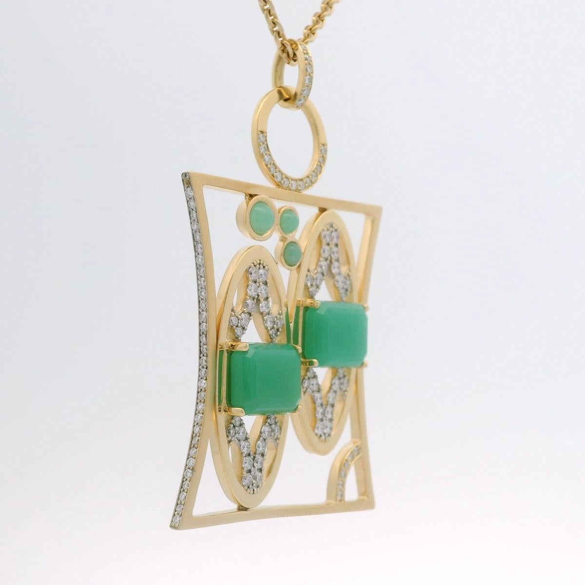 Gemini Zodiac Pendant Necklace, 18 K Yellow Gold, 135 Diamonds, 5 Chrysoprase For Sale 2