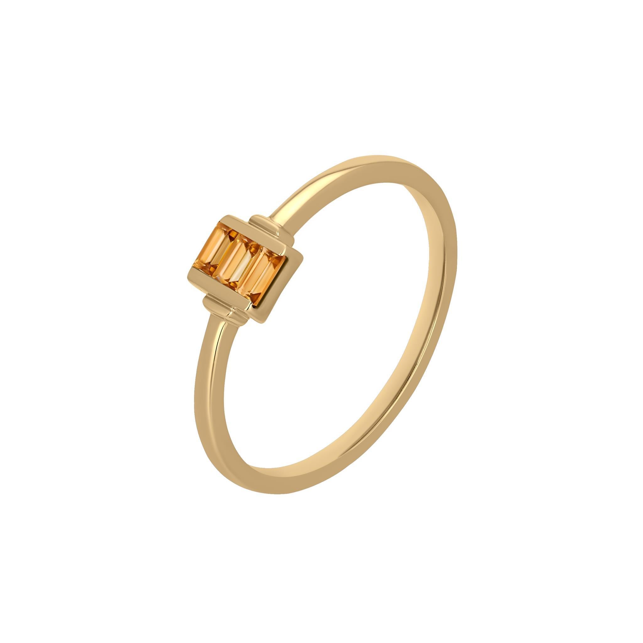 This Gemistry durable, stylish, and simple band ring is made up of baguette-cut citrine on an 14K Yellow Gold body. the citrine weighs 0.14 Cts. Sleek, and sober, this goes well with young adults who like to keep things artistically simple. Having a