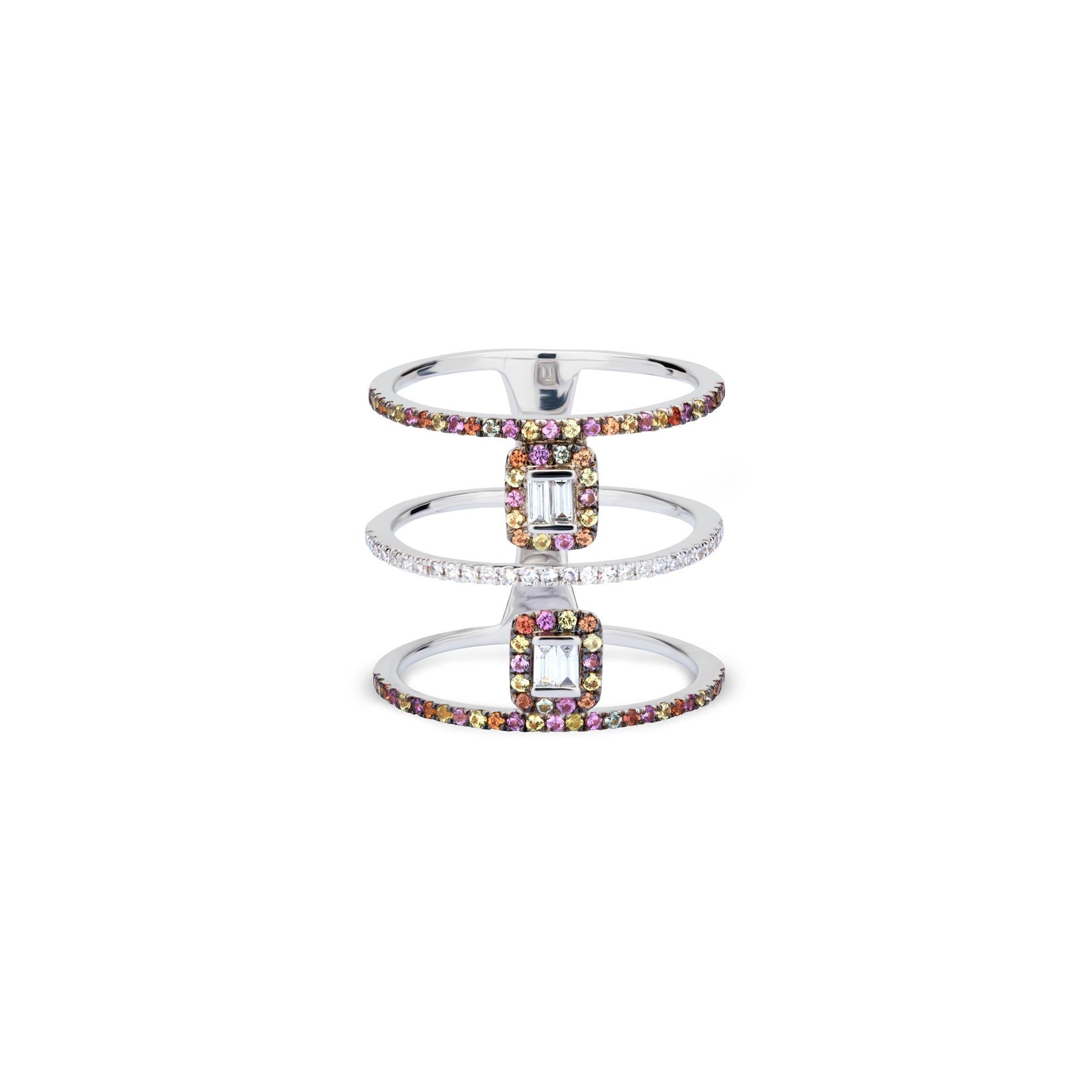 This Gemistry color feast multi-band ring set in 18k white gold features three bands. The central band studded with round diamonds is flanked by multi-sapphire studded bands on either side. Diamond baguettes in multi-sapphire halos enhance its