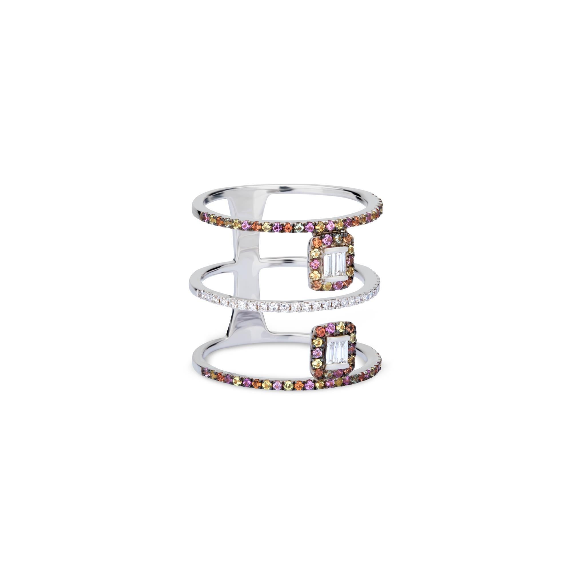 Contemporary Gemistry 0.52ct. Multi Sapphire and 0.23ct. Diamond Three Band Ring in 18k Gold For Sale
