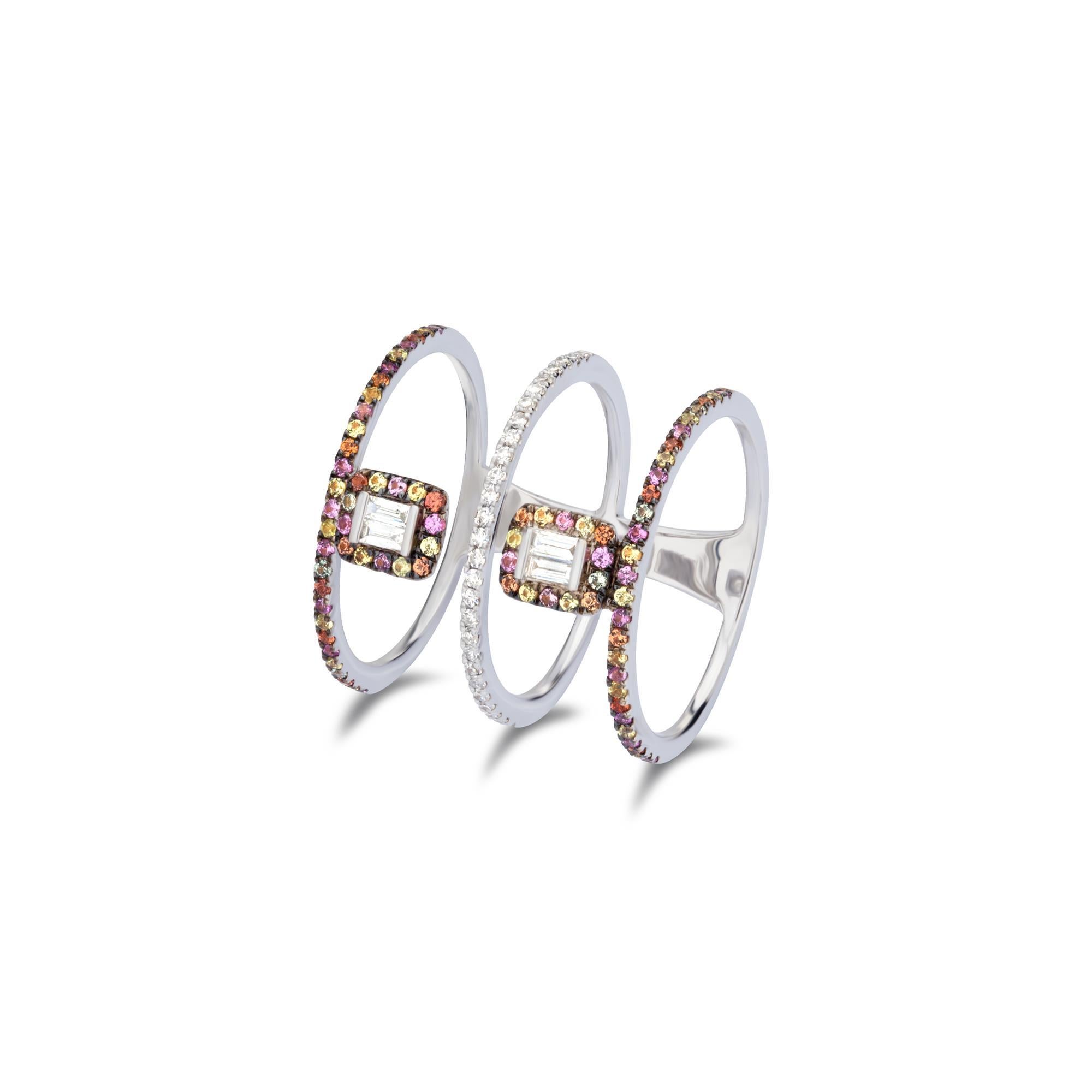 Baguette Cut Gemistry 0.52ct. Multi Sapphire and 0.23ct. Diamond Three Band Ring in 18k Gold For Sale
