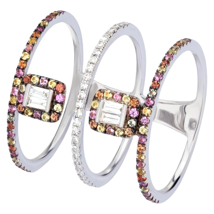 Gemistry 0.52ct. Multi Sapphire and 0.23ct. Diamond Three Band Ring in 18k Gold For Sale