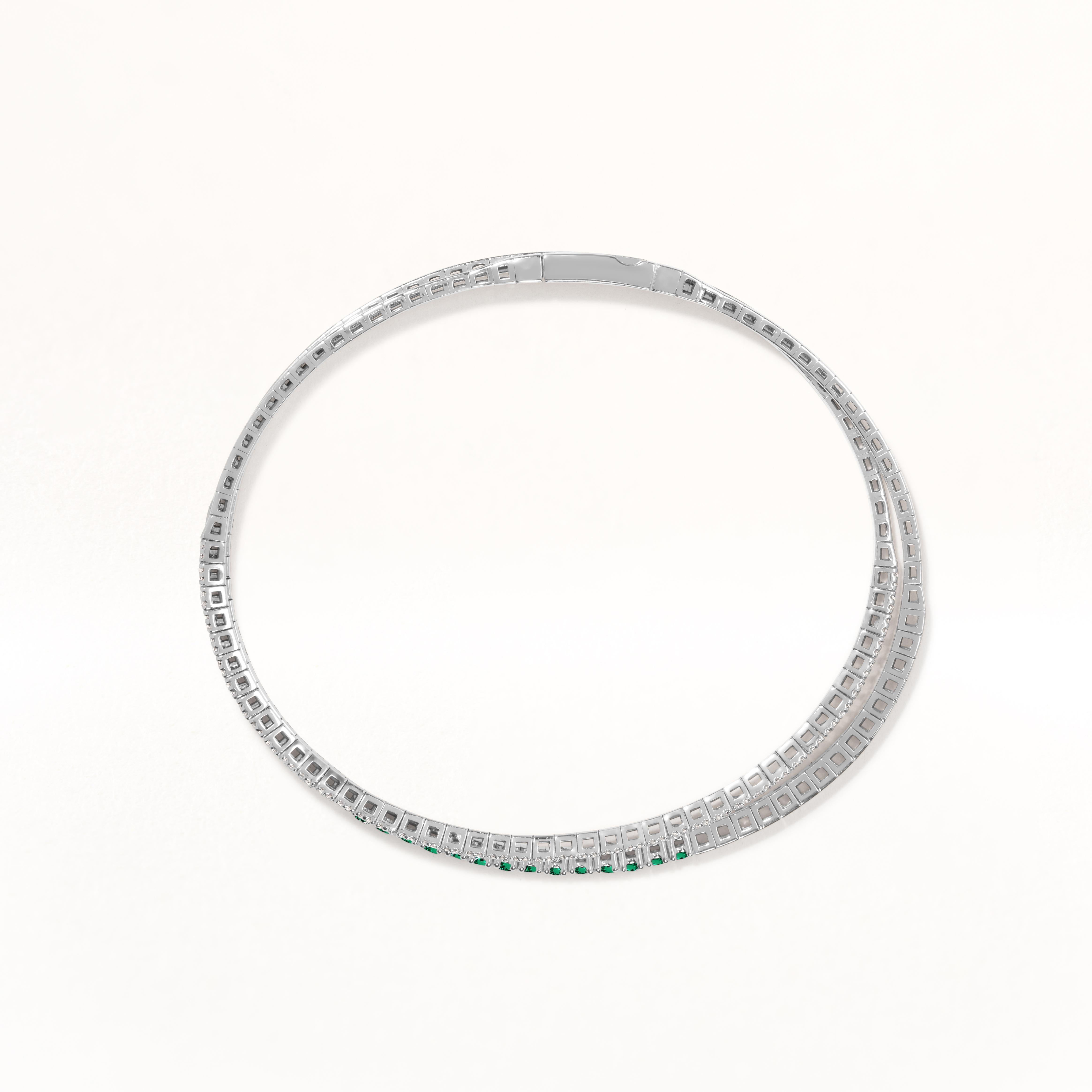 Round Cut Gemistry 0.65cttw. Emerald and Diamond Rolling Bangle in 18k White Gold For Sale