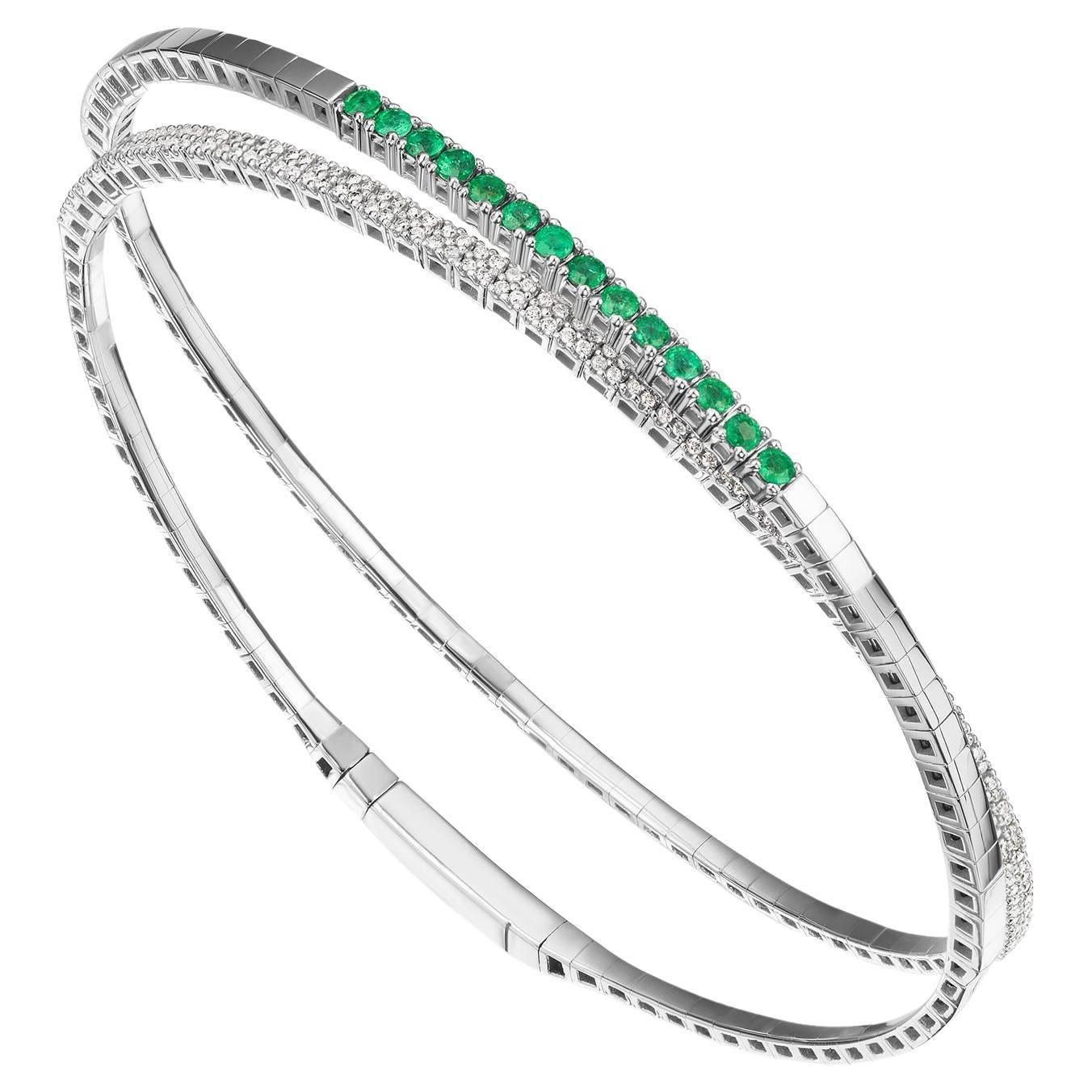Gemistry 0.65cttw. Emerald and Diamond Rolling Bangle in 18k White Gold For Sale