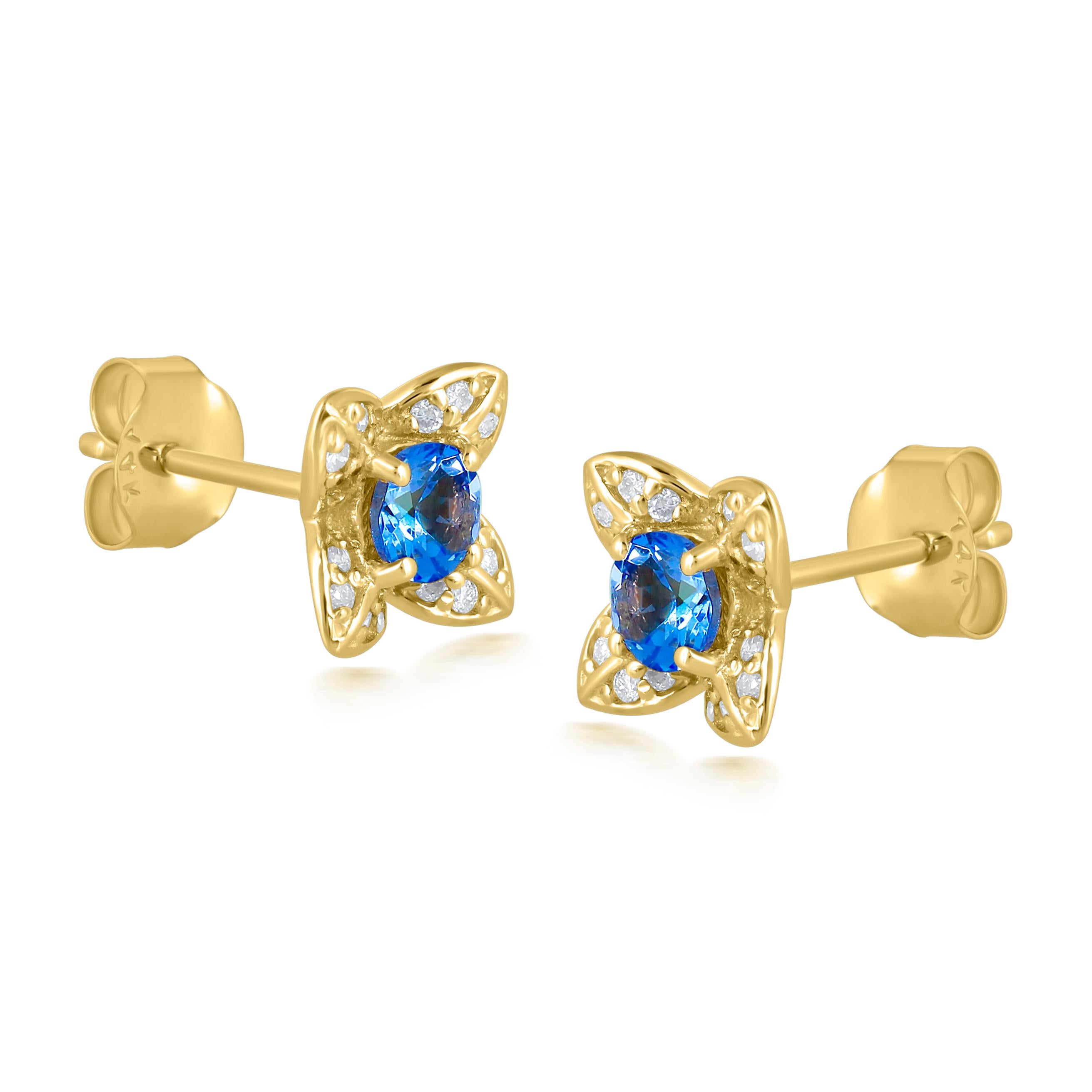 Delight in the floral charm of these Tanzanite and Diamond Flower Earrings, crafted in 14K yellow gold. The earrings feature a stunning blue tanzanite at the center of a delicate four-petal flower design, with each petal adorned with shimmering
