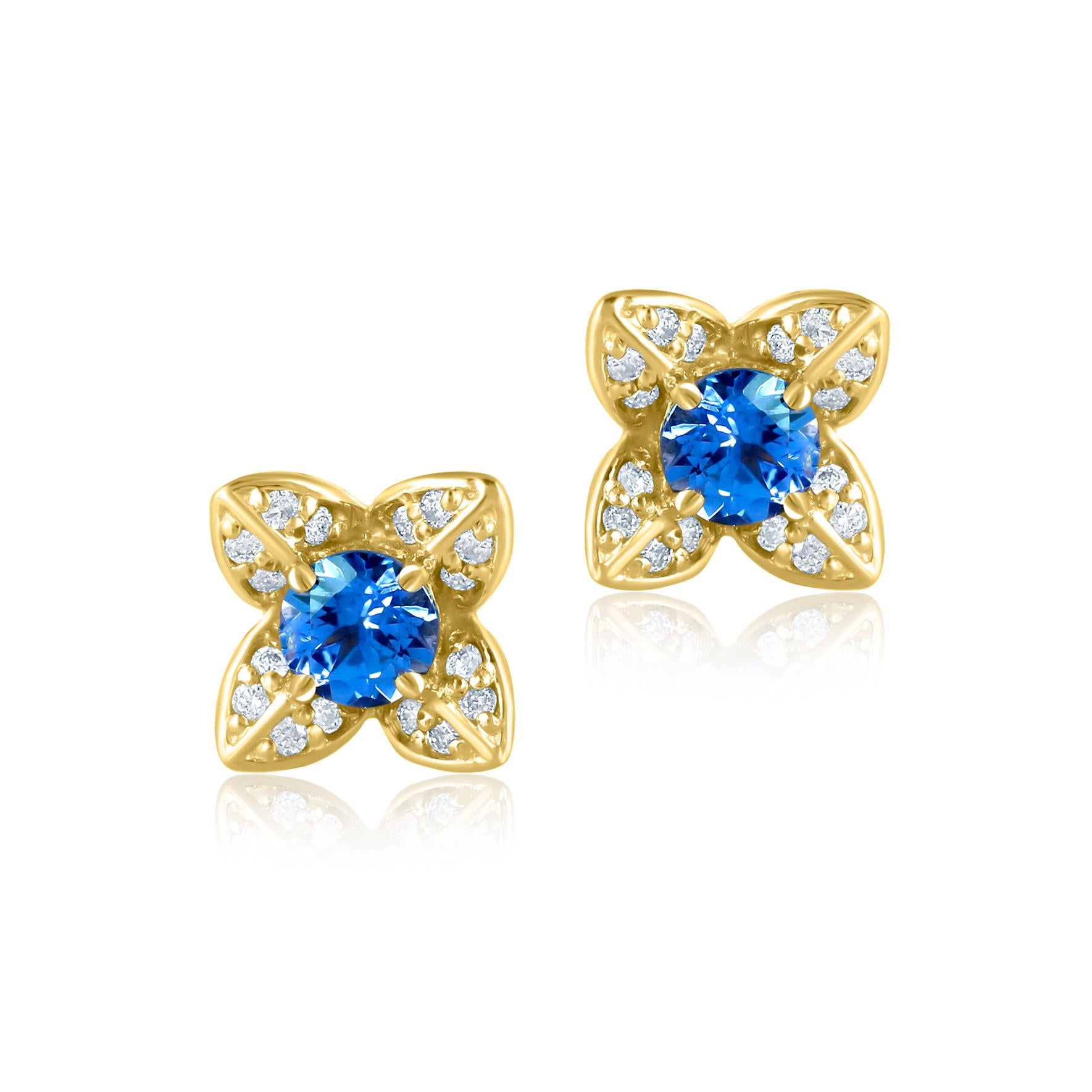 Round Cut 0.75 Cttw Natural Tanzanite/Diamond Flower Stud Earrings in 14K Yellow Gold