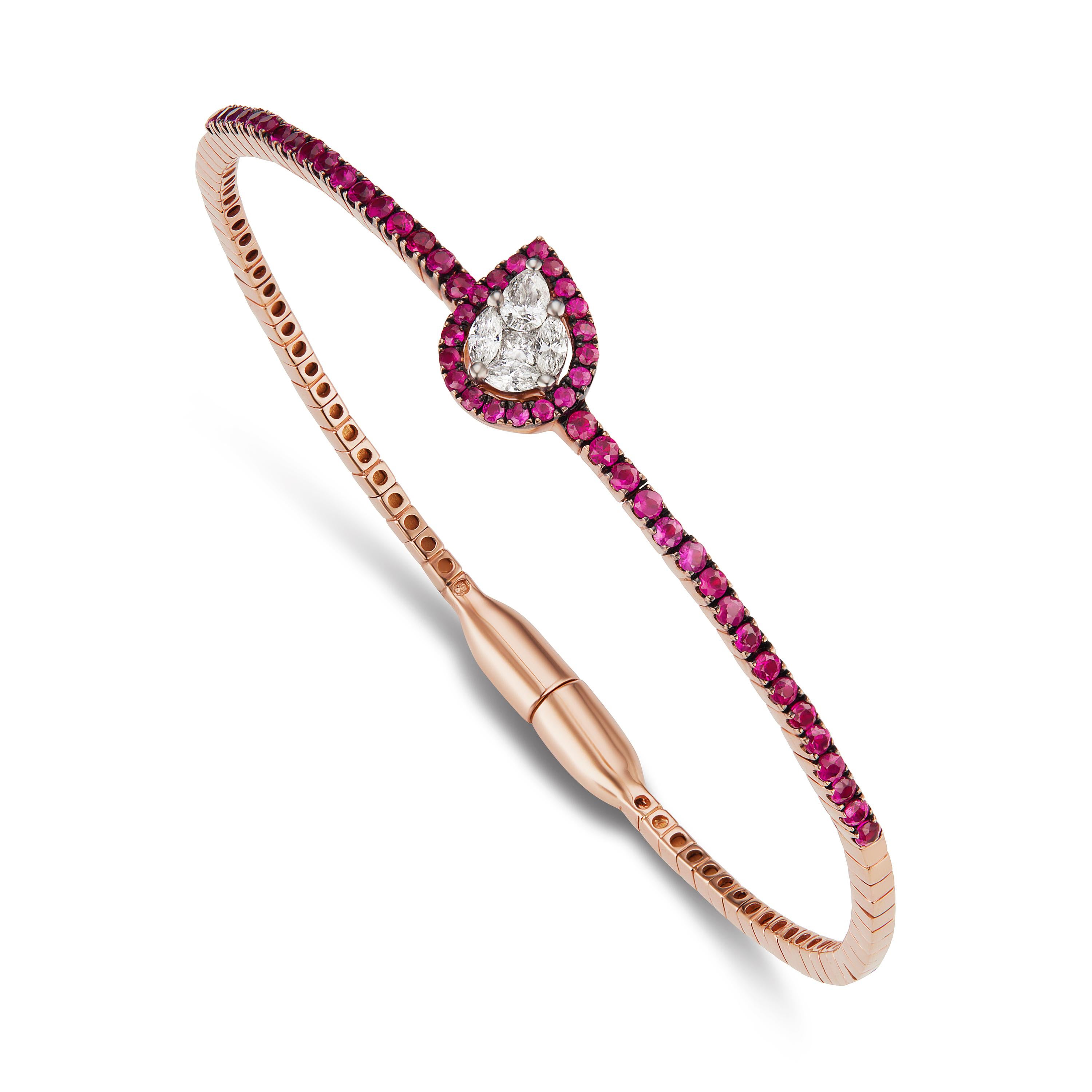Classically styled with a shimmering red in white heart, this Gemistry bangle in 18K rose gold is featured with diamonds and rubies. This bangle is made with 5 marquise and pear diamonds and 53 round rubies. It comes with a magnetic lock.
Please