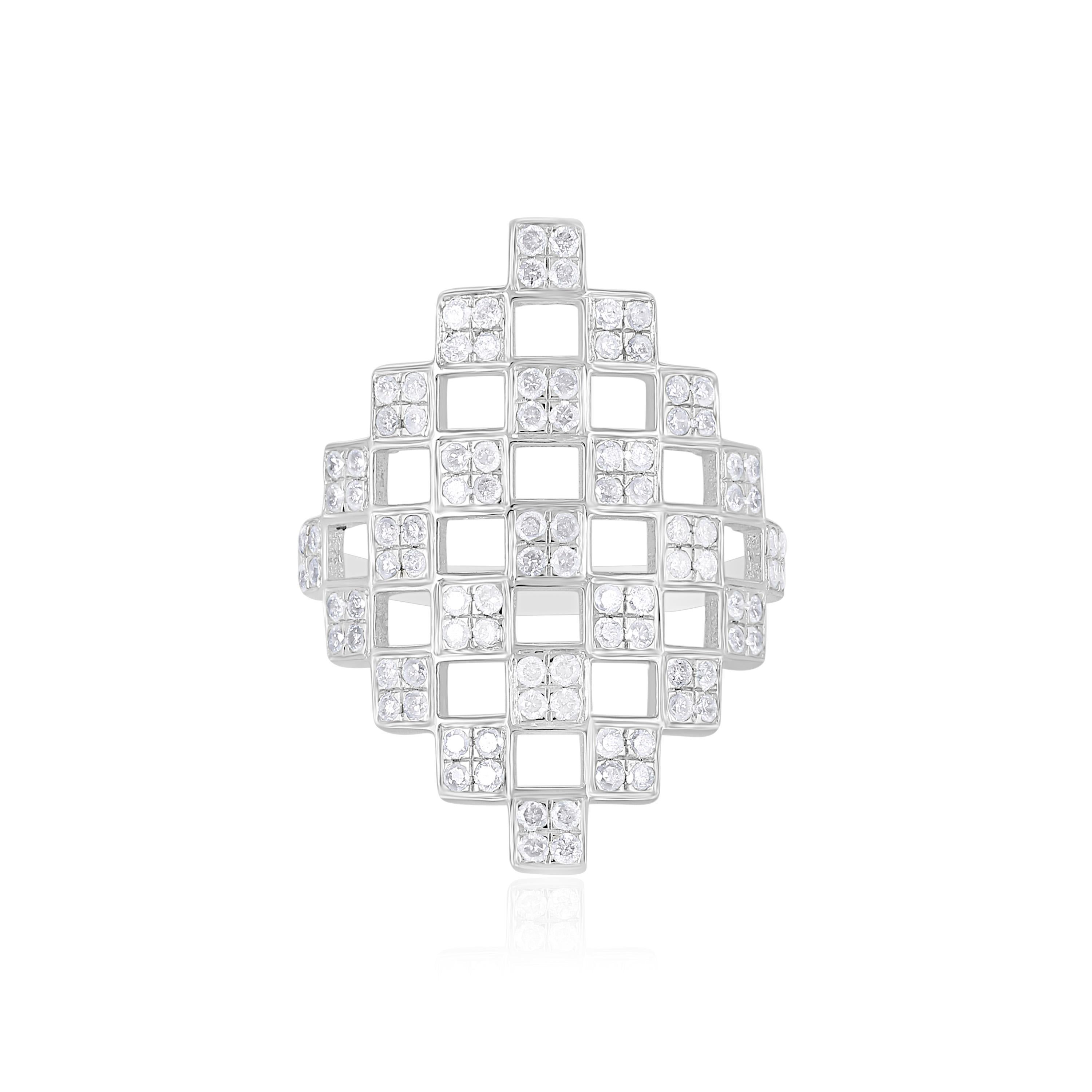 A creative mix of free form lattice designs by Gemistry, features alternating open and diamond studded squares weaving an artful and mesmerizing pattern . The 0.88 ct. t.w. round and pave diamonds enclosed in 925 polished sterling silver frames
