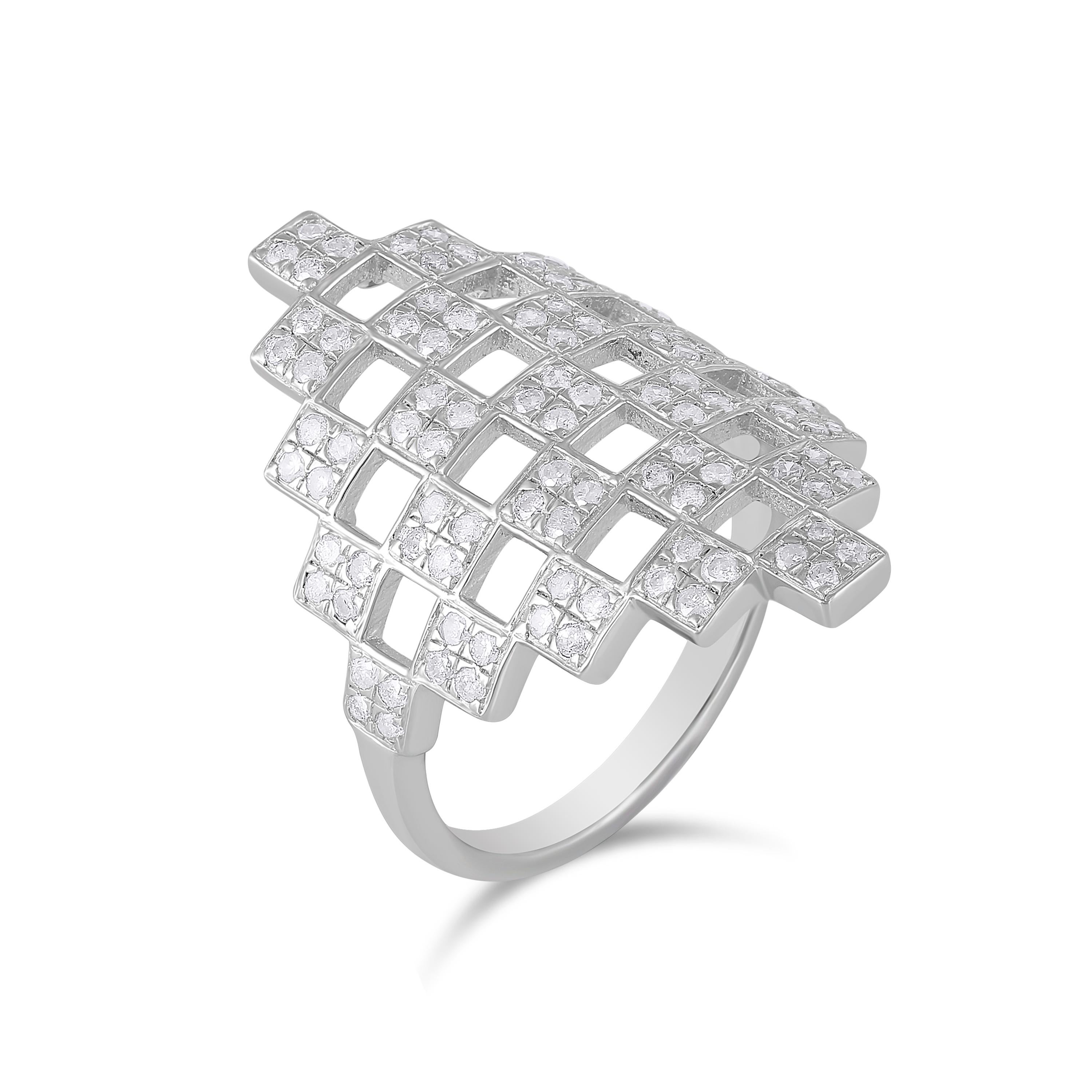 Round Cut Gemistry 0.88 Carat T.W. Diamond Freeform Latice Ring in 925 Sterling Silver For Sale