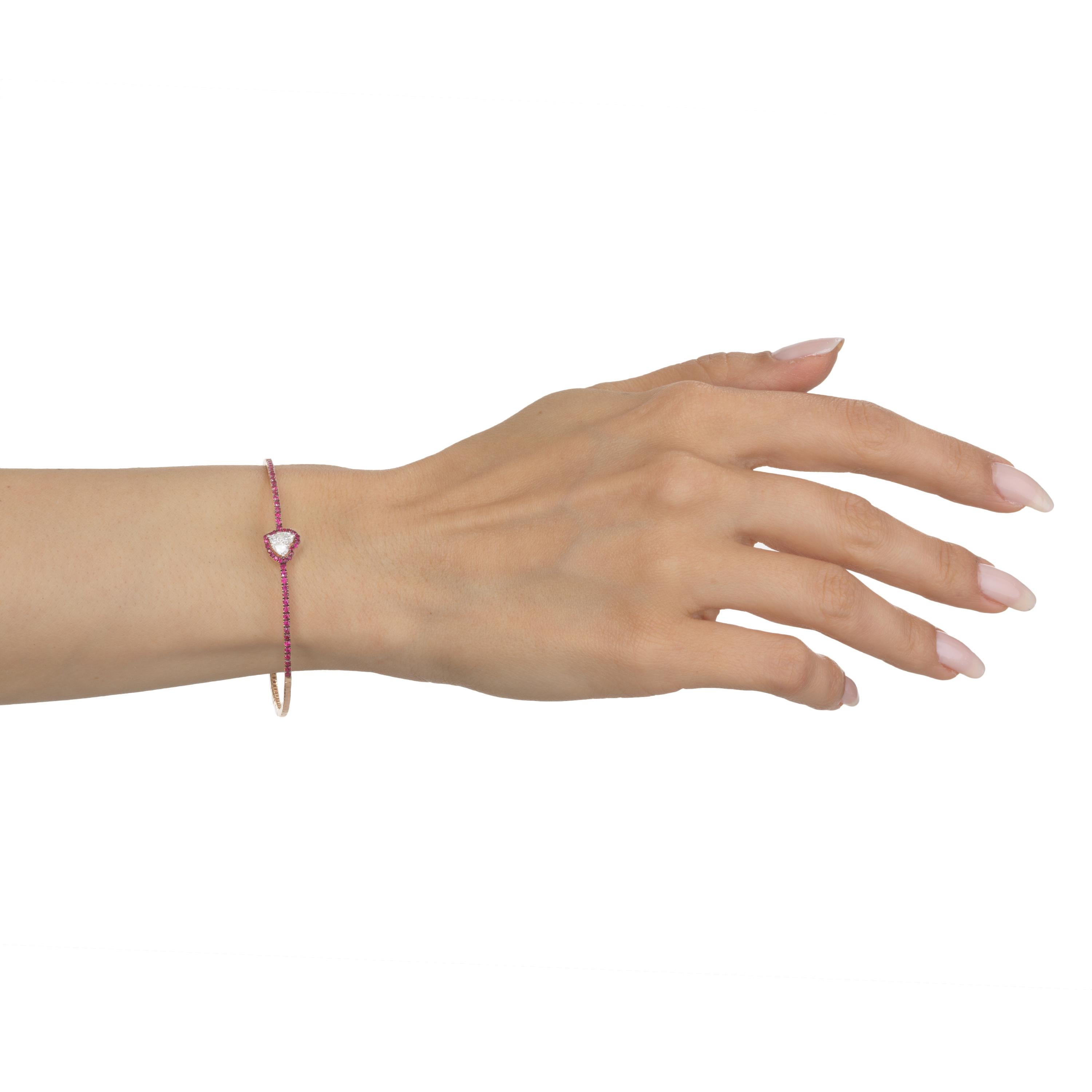 Pear Cut Gemistry 1 Cttw. Ruby and Diamond Heart Shape Cluster Bangle in 18k Rose Gold For Sale