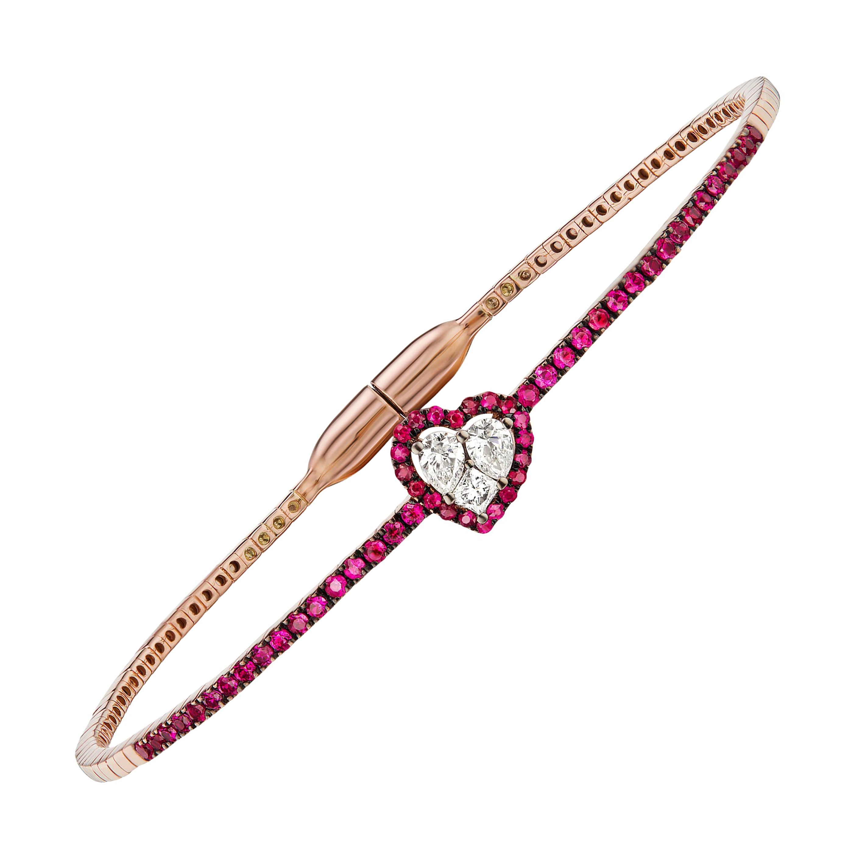 Gemistry 1 Cttw. Ruby and Diamond Heart Shape Cluster Bangle in 18k Rose Gold For Sale
