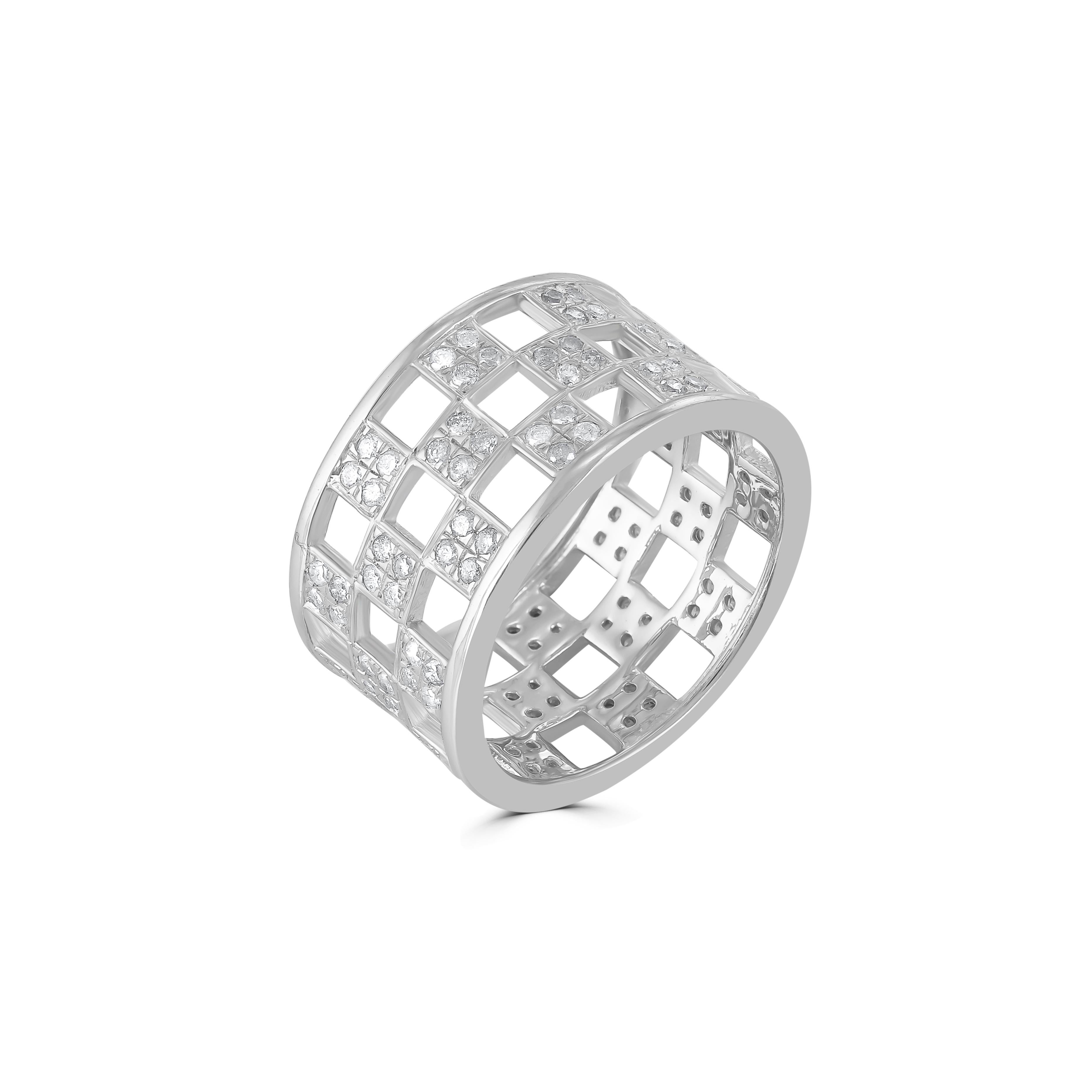 A creative mix of free form lattice designs by Gemistry, features alternating open and diamond studded squares weaving an artful and mesmerizing pattern across the silver band . The 1.07 ct. t.w. round and pave diamonds enclosed in 925 polished