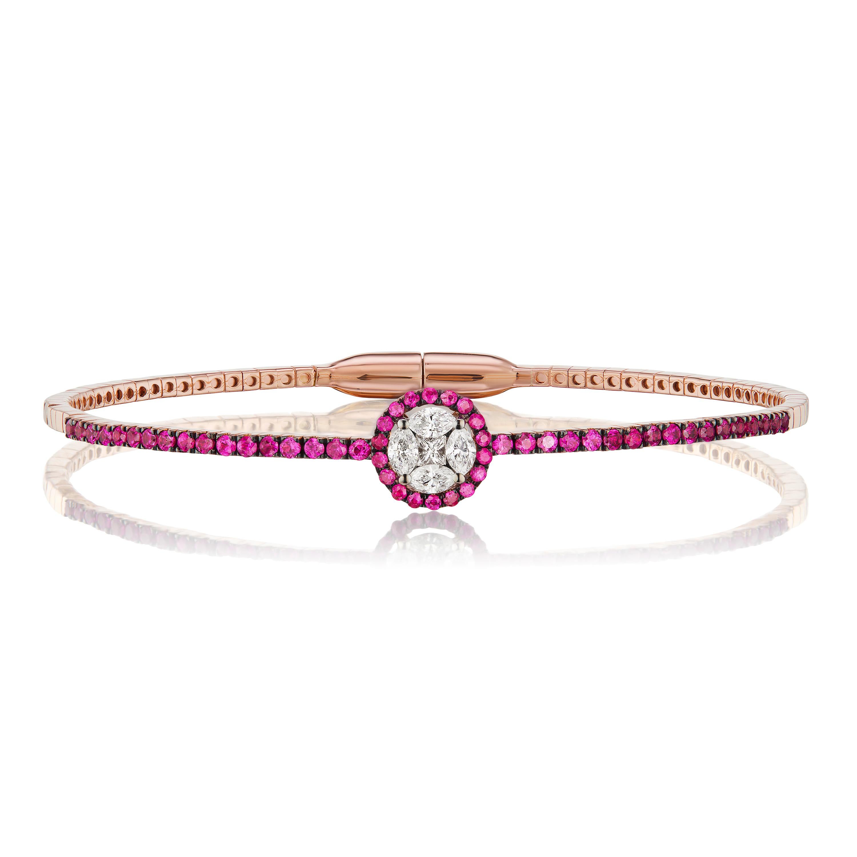 The lovely bangle is made by Gemistry of 18K rose gold and set with a 0.75-carat round-cut ruby. The marquise and square-cut diamonds are only embedded in the middle portion of the bangle. With SI1 clarity and G-H color grade, it's a lovely wrist