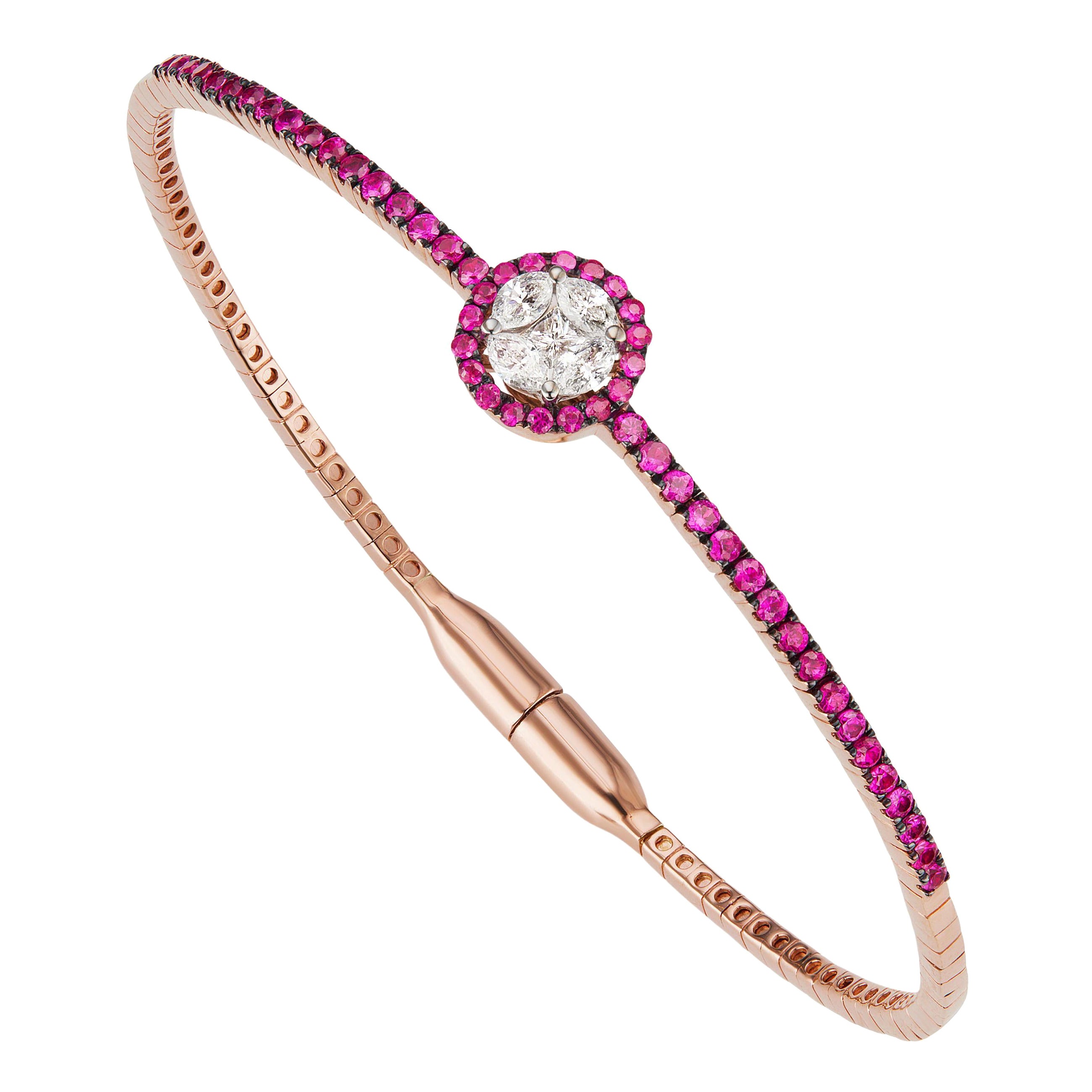 Gemistry 1.08cttw. Round Illusion Diamond and Ruby Bangle in 18k Rose Gold