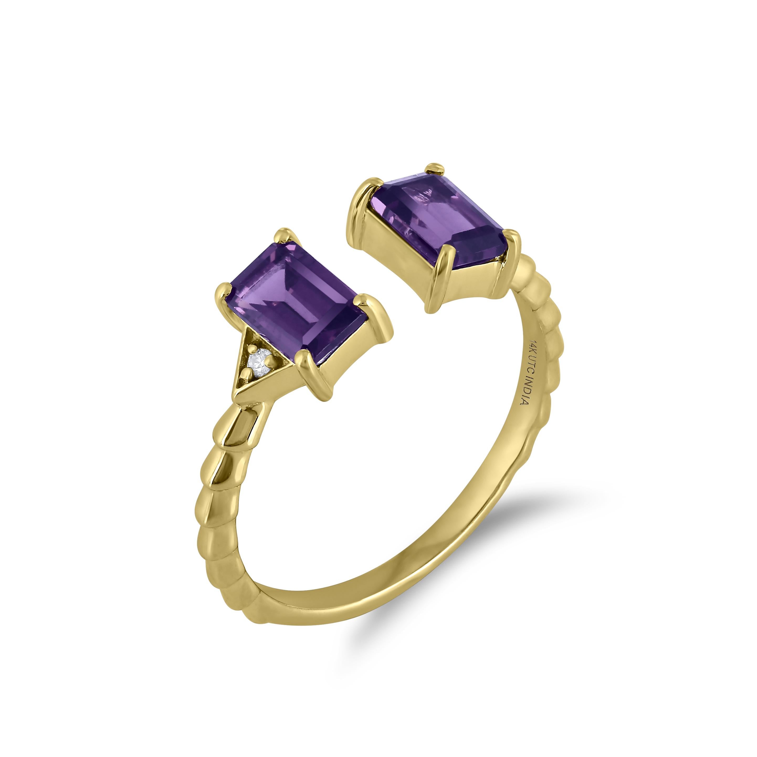Lovingly known as the “all purpose stone”, two octagon-cut protective Amethyst stones in a prong setting are affixed on the 14K Yellow Gold cuff ring. The diamonds are I1 in clarity, and GH in color, weighing 0.021 Cts. Two round full-cut White