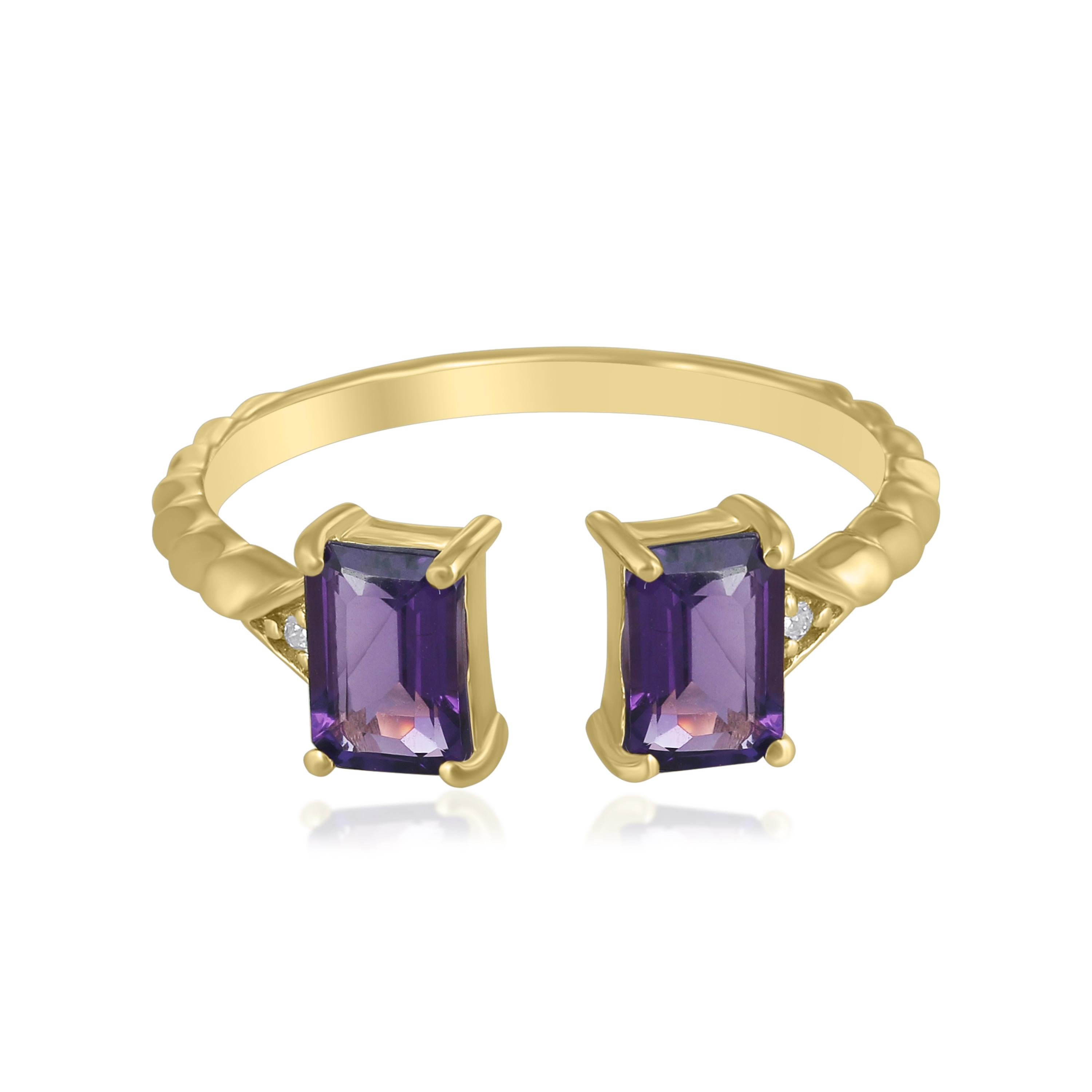 Octagon Cut Gemistry 1.12 Cttw. Amethyst and Diamond Cuff Ring in 14K Yellow Gold For Sale