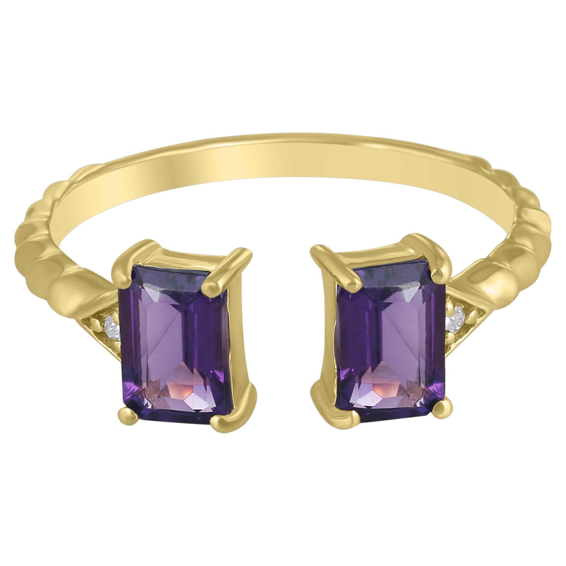 Gemistry 1.12 Cttw. Amethyst and Diamond Cuff Ring in 14K Yellow Gold For Sale