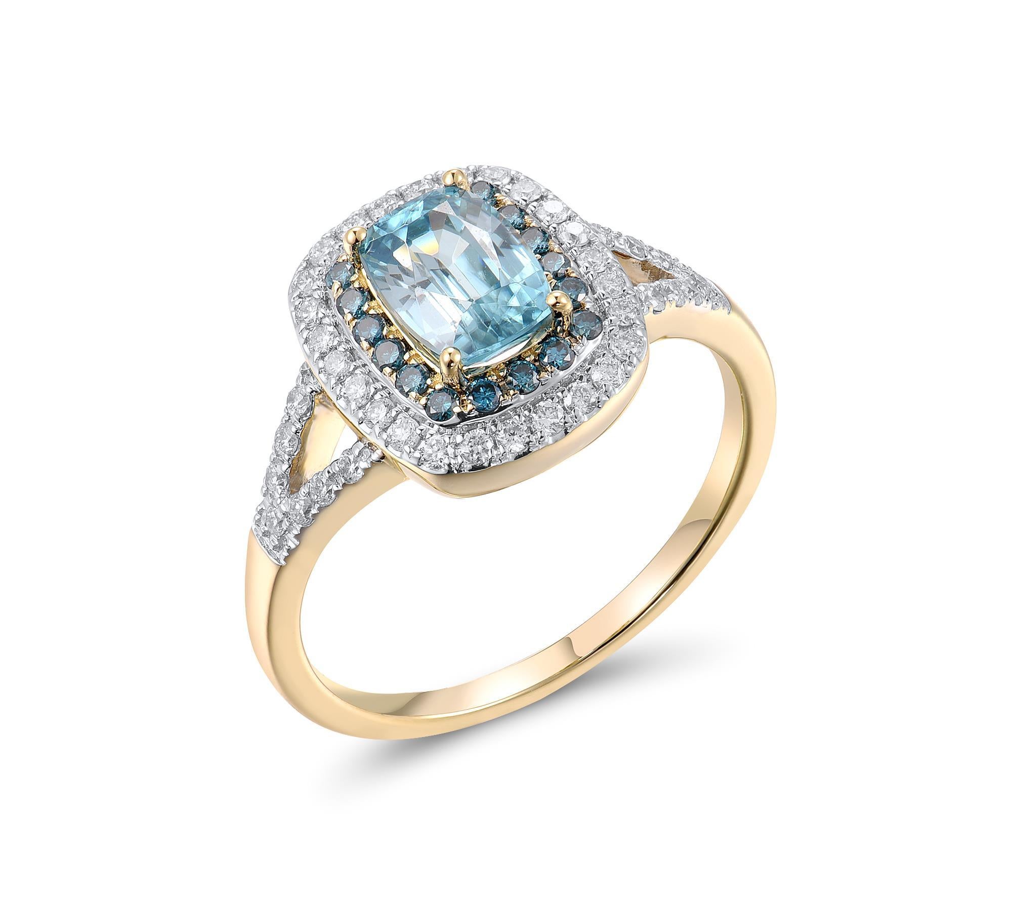 Discover the radiant charm of the Blue Zircon and Diamond Ring, meticulously crafted in 14K two-tone gold. The ring showcases a captivating blue zircon center stone, celebrated for its brilliant sparkle and vivid blue hue. Surrounding the zircon is