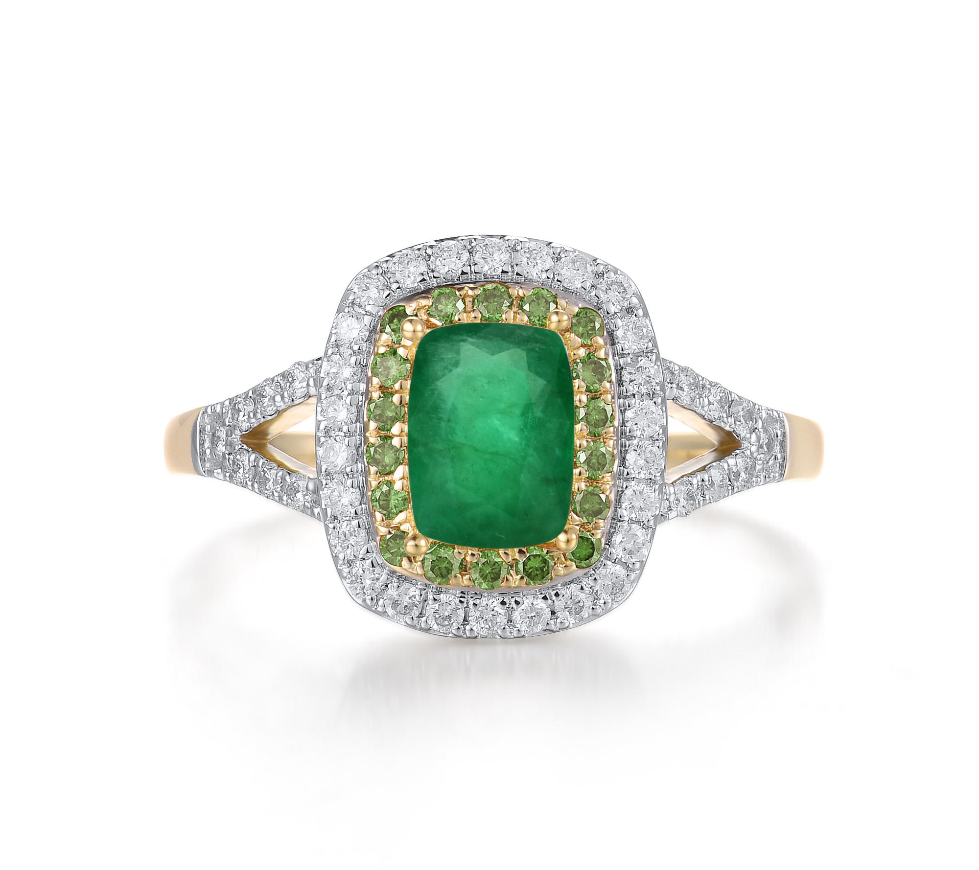 Contemporain Bague Gemistry en or jaune/blanc 14 carats avec émeraude naturelle/diamant 1,15 carat, taille 9 en vente