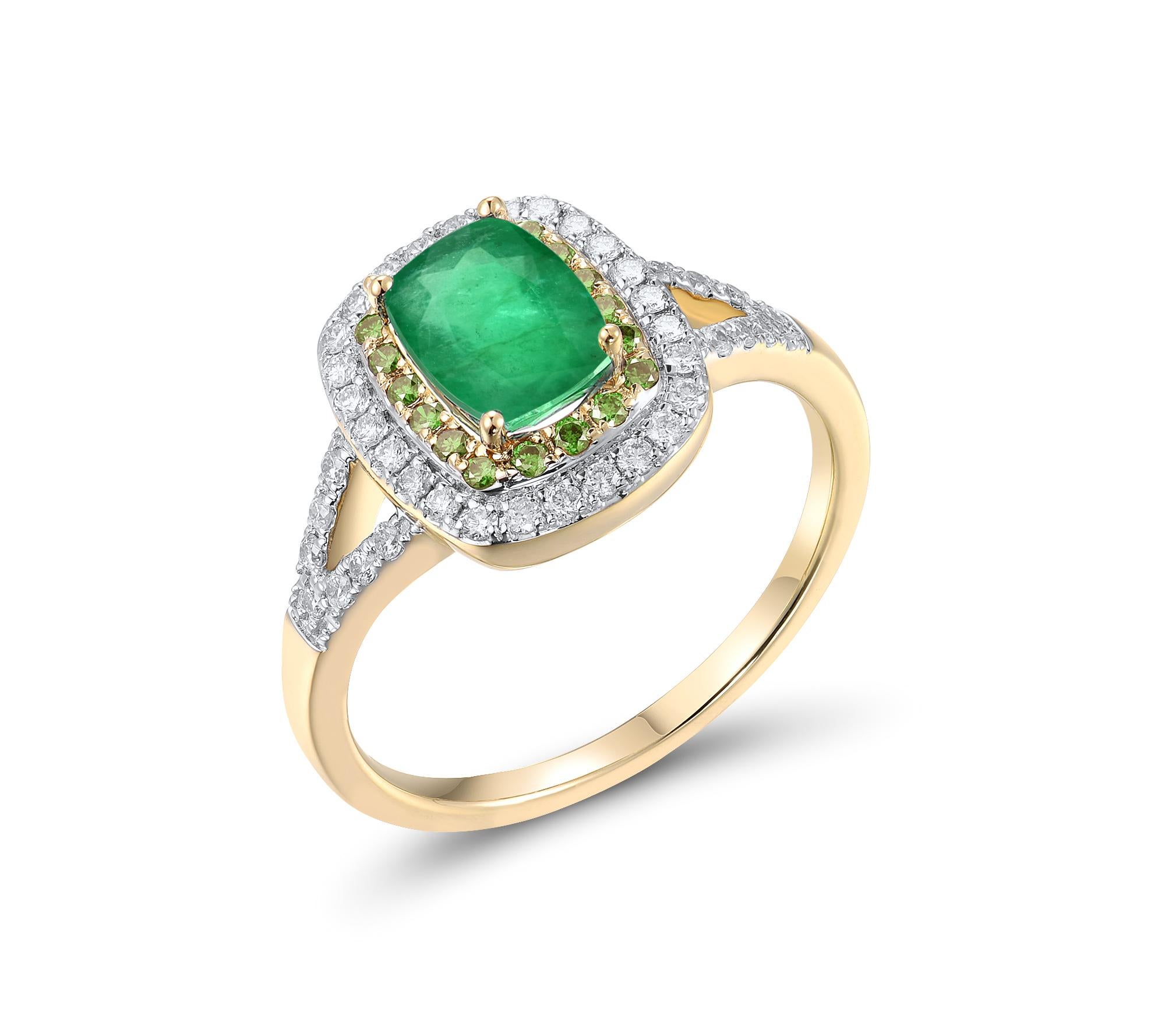 Taille coussin Bague Gemistry en or jaune/blanc 14 carats avec émeraude naturelle/diamant 1,15 carat, taille 9 en vente