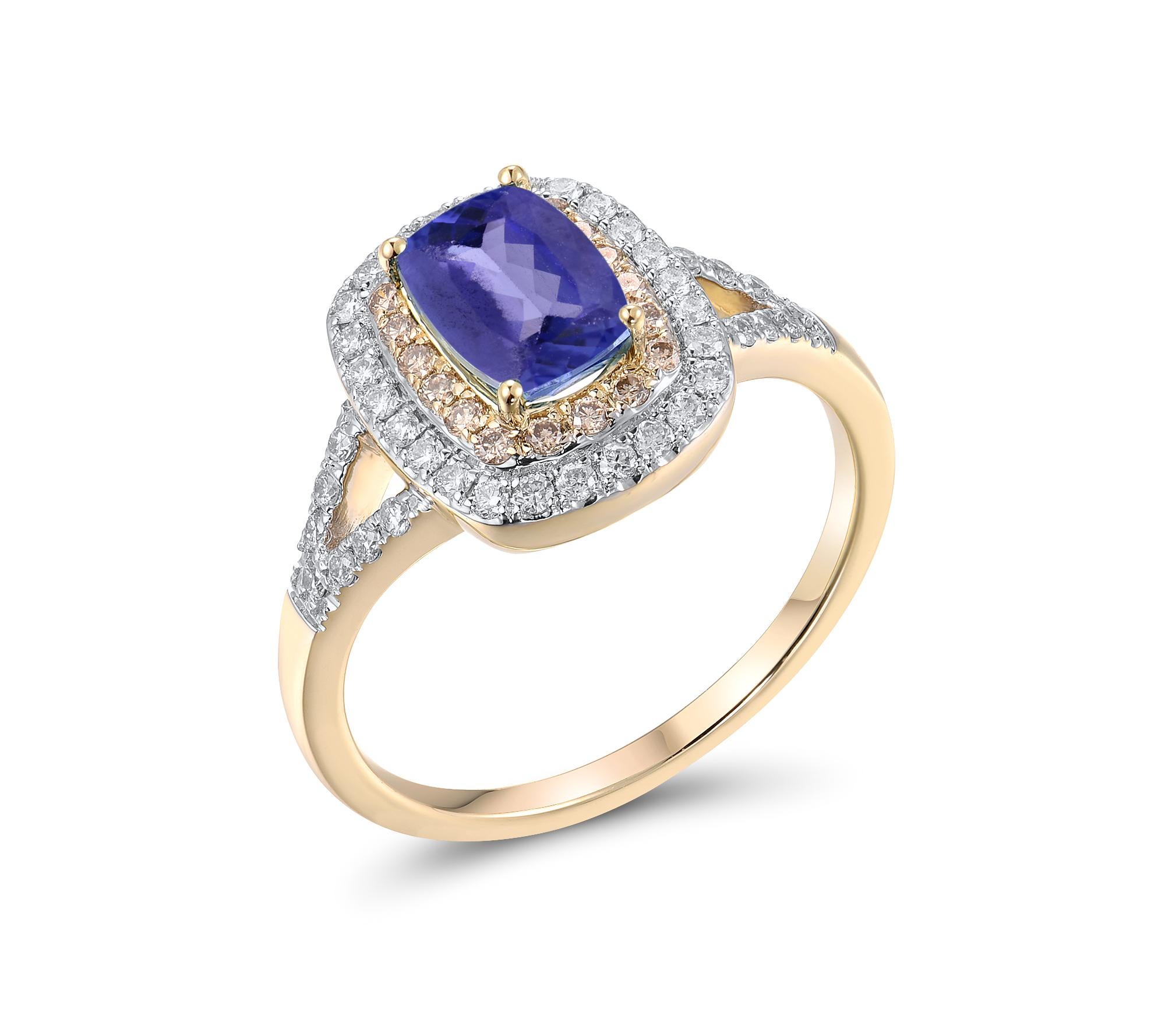 Contemporary Gemistry 1.15 Cttw Natural Tanzanite/Diamond Ring in 14K Gold, Size 7 For Sale