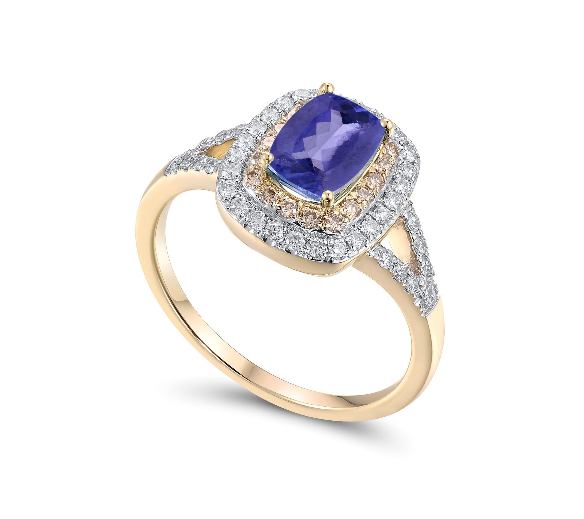 Cushion Cut Gemistry 1.15 Cttw Natural Tanzanite/Diamond Ring in 14K Gold, Size 7 For Sale