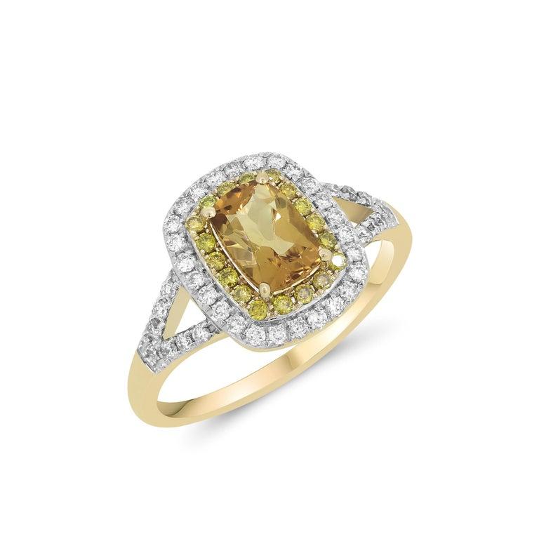 Cushion Cut 1.12 Cttw Yellow Natural Beryl/Diamond Ring in 14K Yellow/White Gold Size 7 For Sale