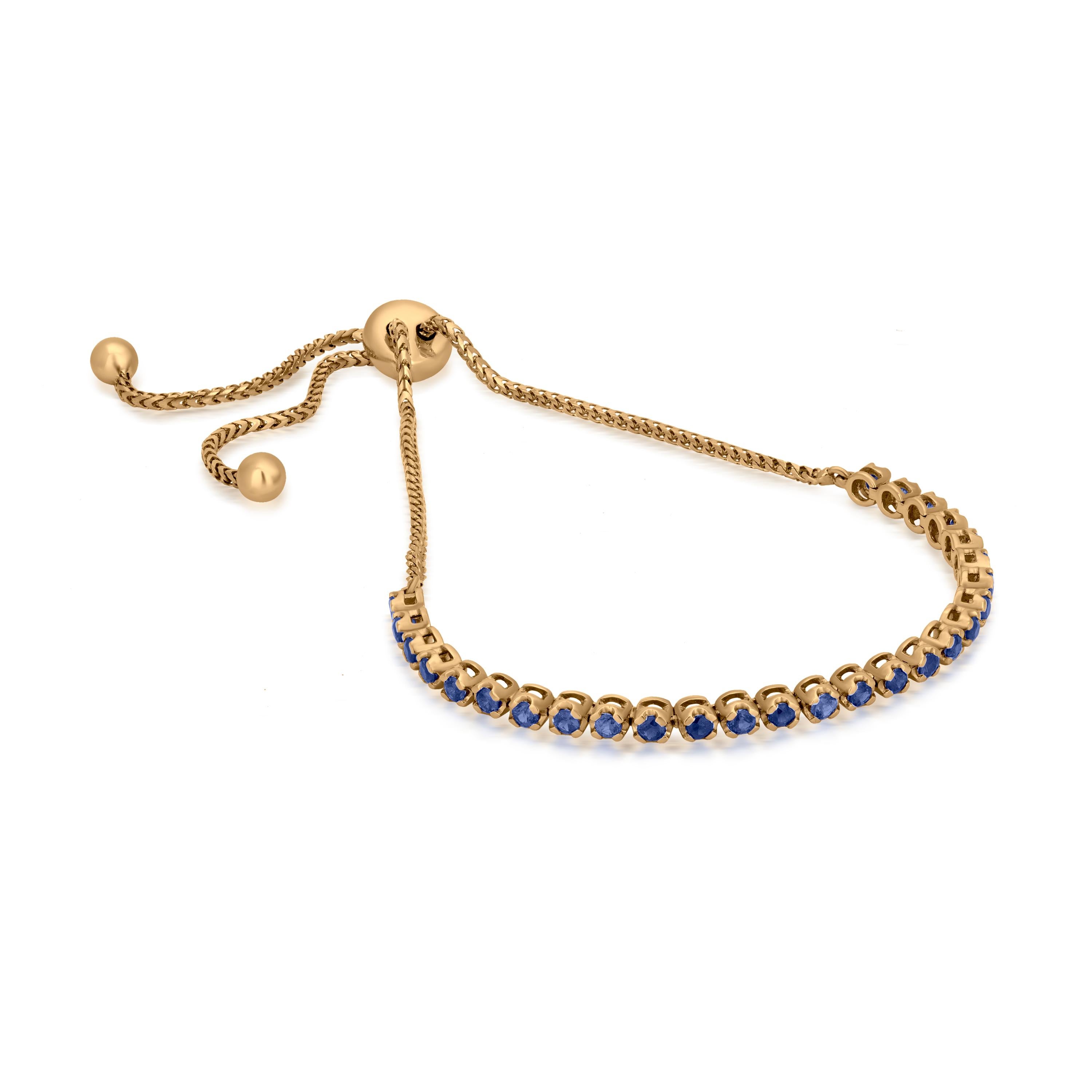 On-trend, this Gemistry tennis bracelet is brilliant. Twenty-Seven blue sapphires totaling 1.19 carats shimmer across the front of a 14k gold box chain. The sliding mechanism adjusts to fit most wrists.

Please follow the Luxury Jewels storefront to